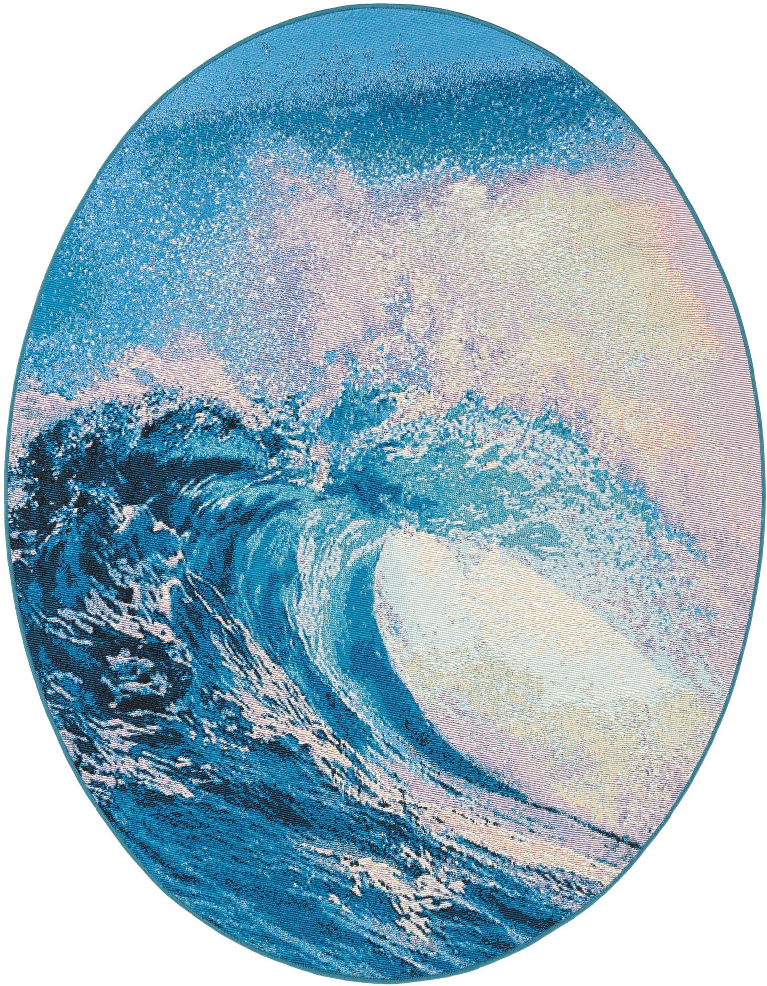 A round blue rug featuring a vibrant, crashing ocean wave design with white foam and light blue water.