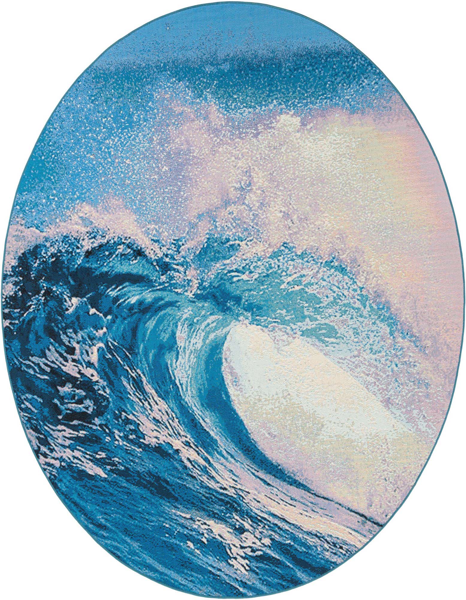A round rug featuring a dynamic blue ocean wave crashing, with white foam and light blue water, suitable for a patio.