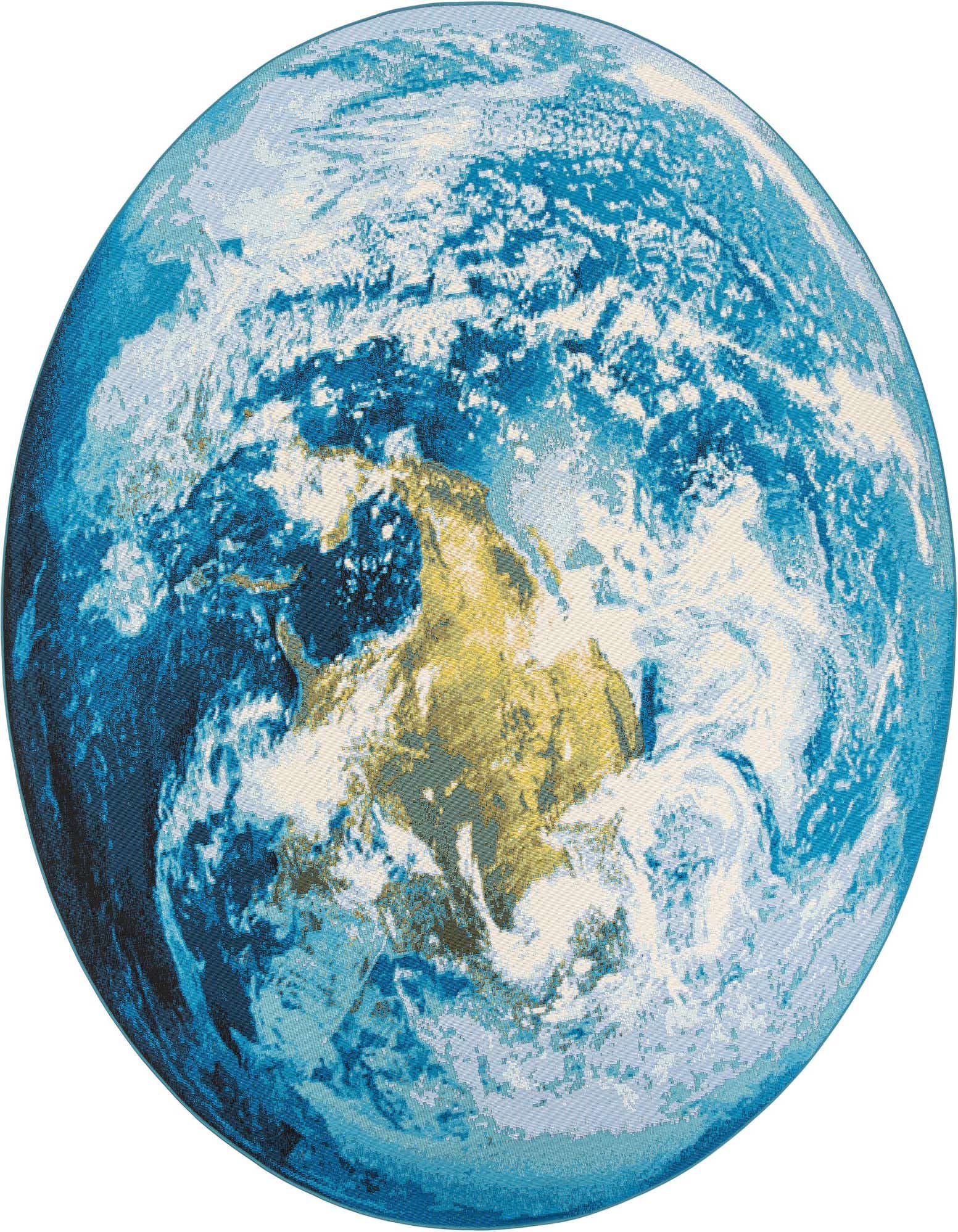 A 10' round blue and gold rug featuring a detailed, abstract Earth globe pattern, suitable for indoor or outdoor use.