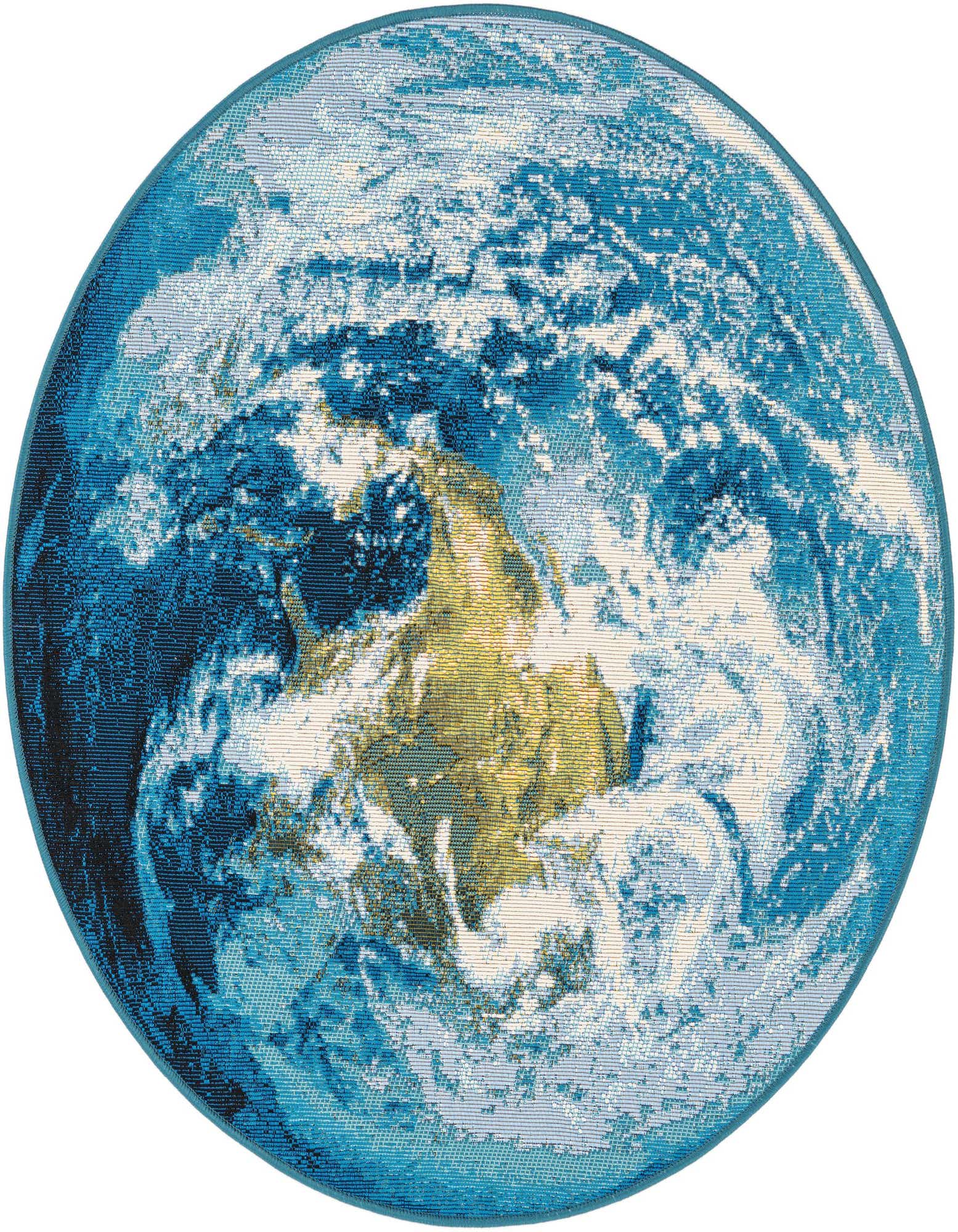 A round blue and green rug depicting a detailed satellite image of Earth, suitable for indoor or outdoor use.