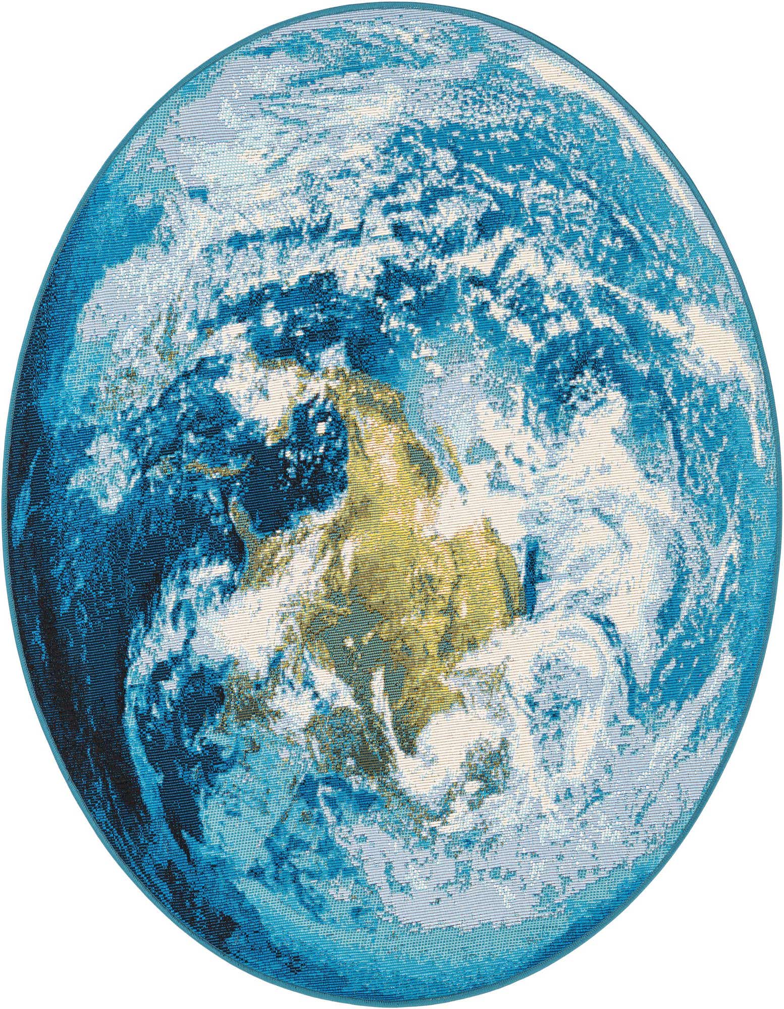 A round rug featuring an abstract, modern design resembling a blue and white globe with hints of green and brown landmasses.