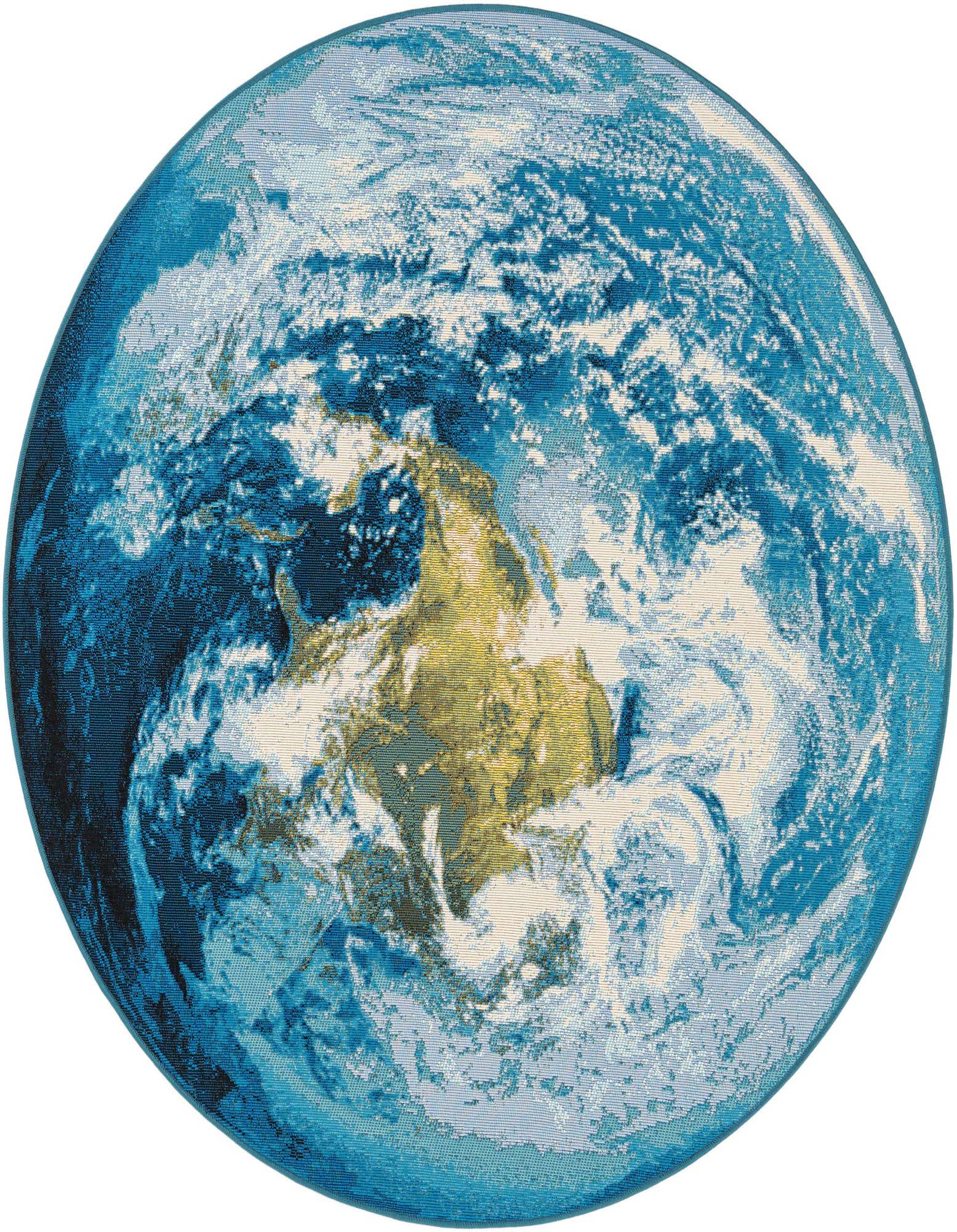 A round 5' 3 x 5' 3 blue and green rug with an abstract Earth globe pattern, suitable for indoor/outdoor use.
