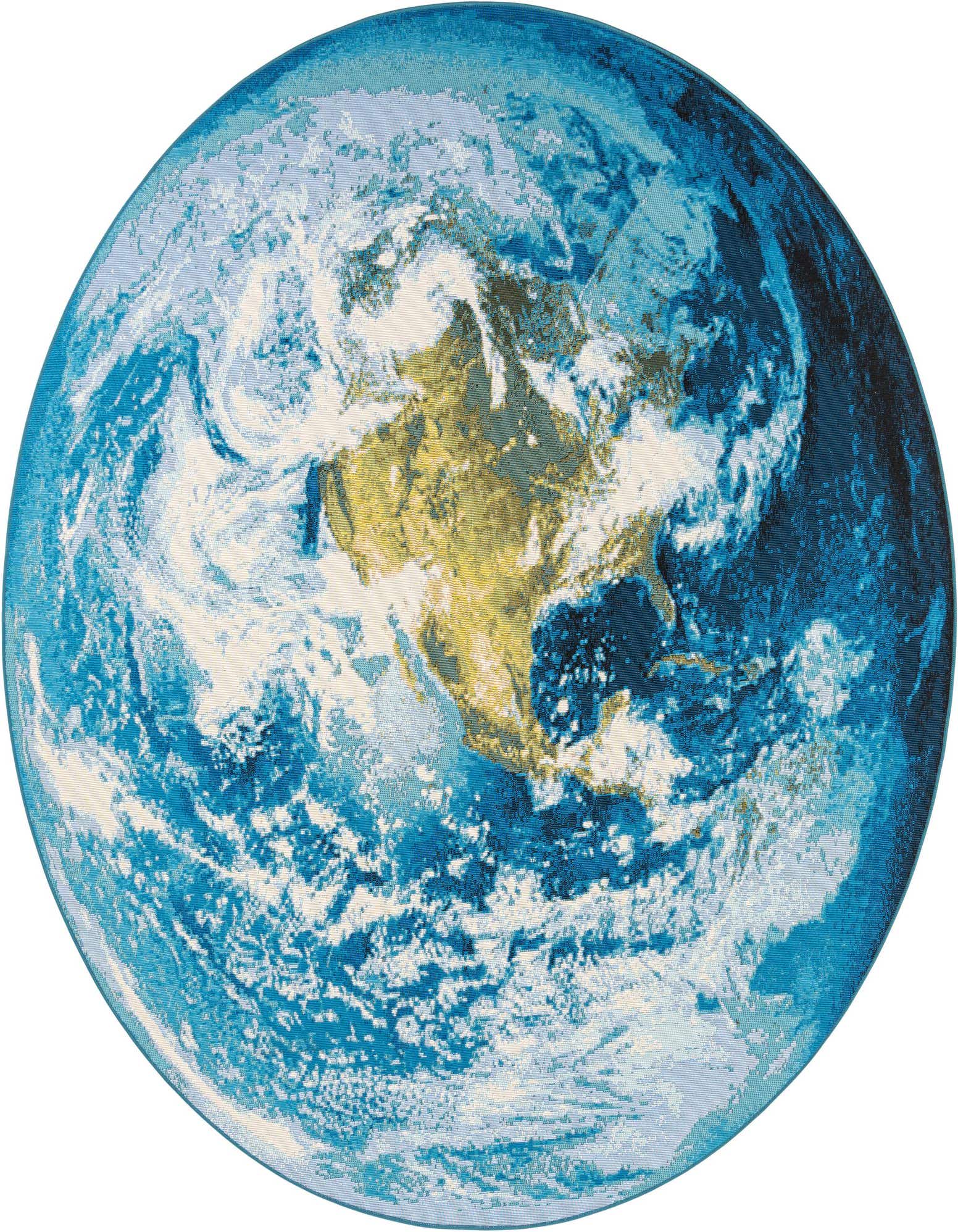 A round blue and white rug with a modern, abstract pattern resembling a view of Earth from space, suitable for indoor or outdoor use.