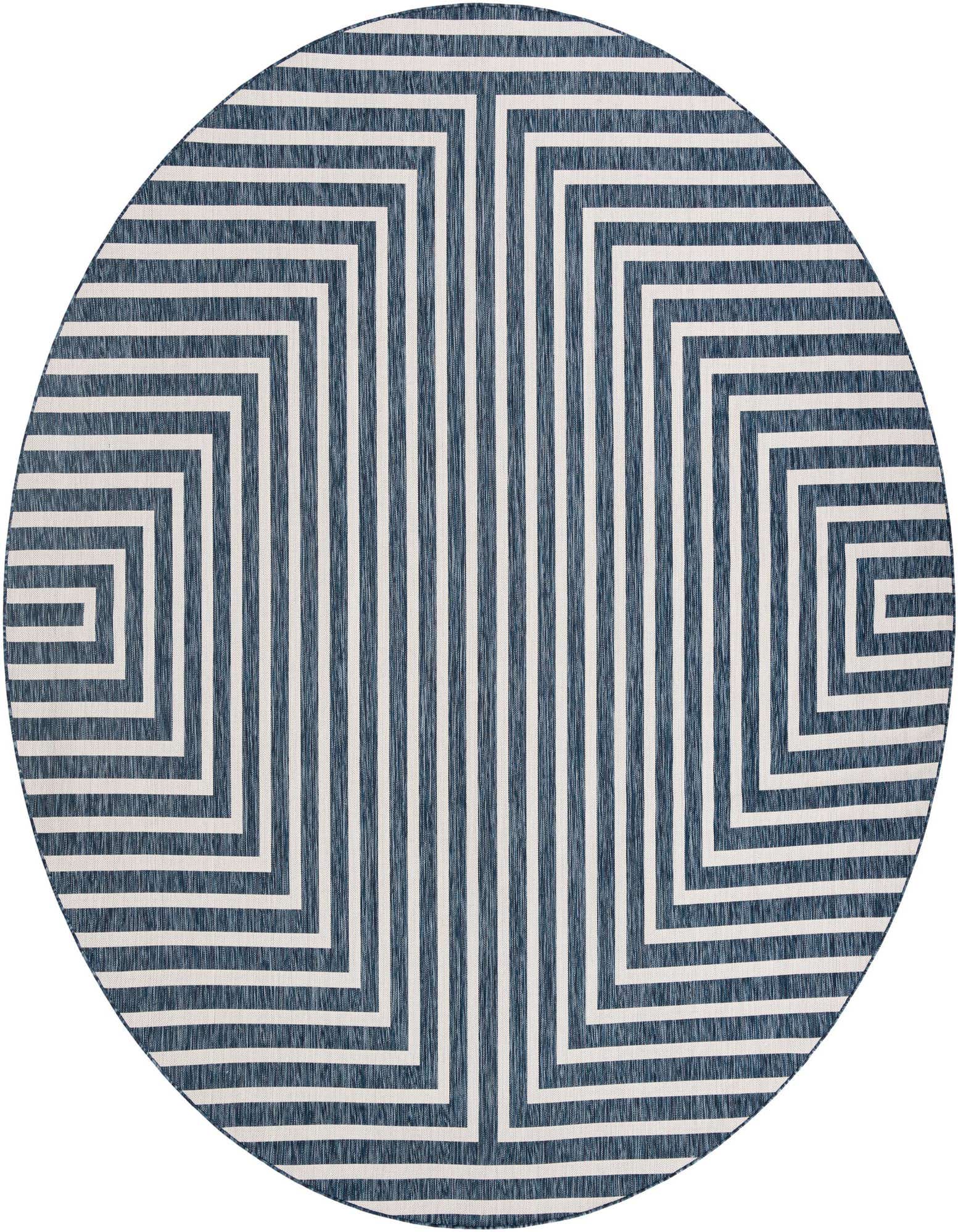 A 12' round blue and white modern abstract outdoor rug with a geometric striped pattern, suitable for a patio.