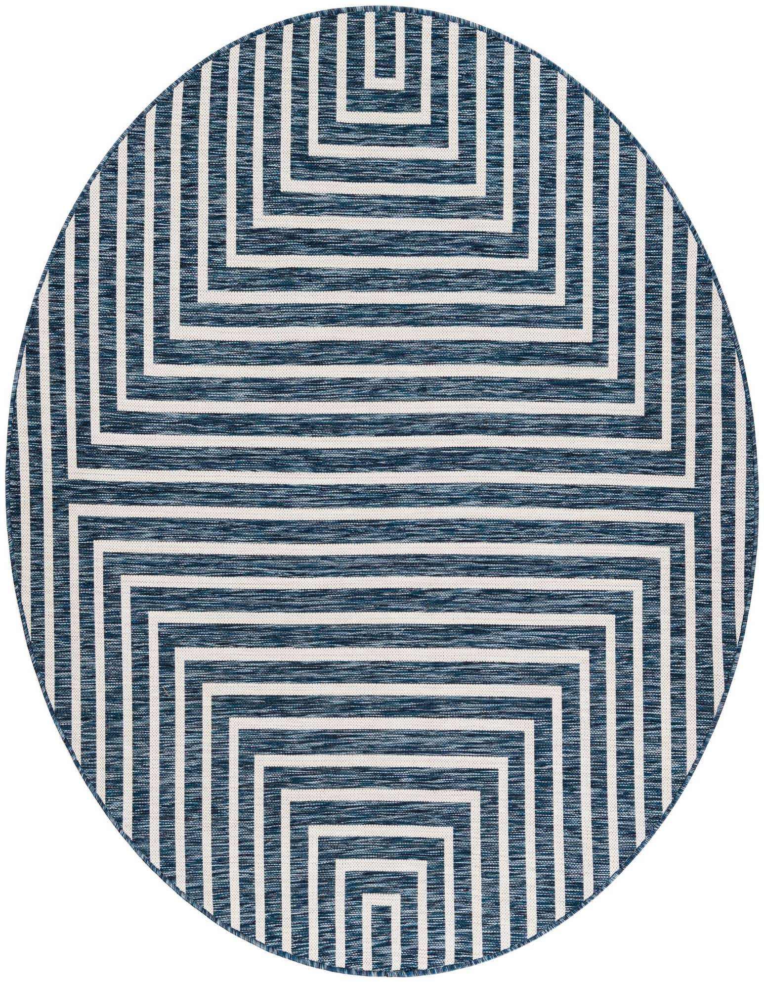 A 6' round blue and white modern abstract rug with a concentric square pattern, suitable for indoor or outdoor use.