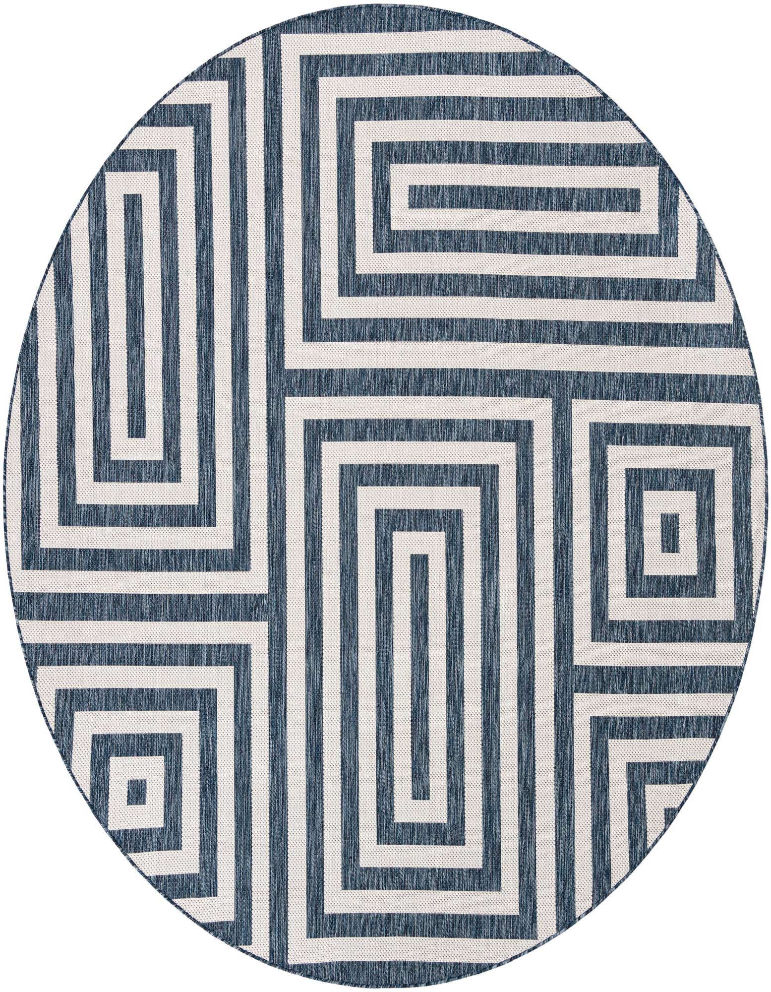 A 10-foot round blue and white modern abstract rug with a geometric maze pattern, suitable for indoor or outdoor use.