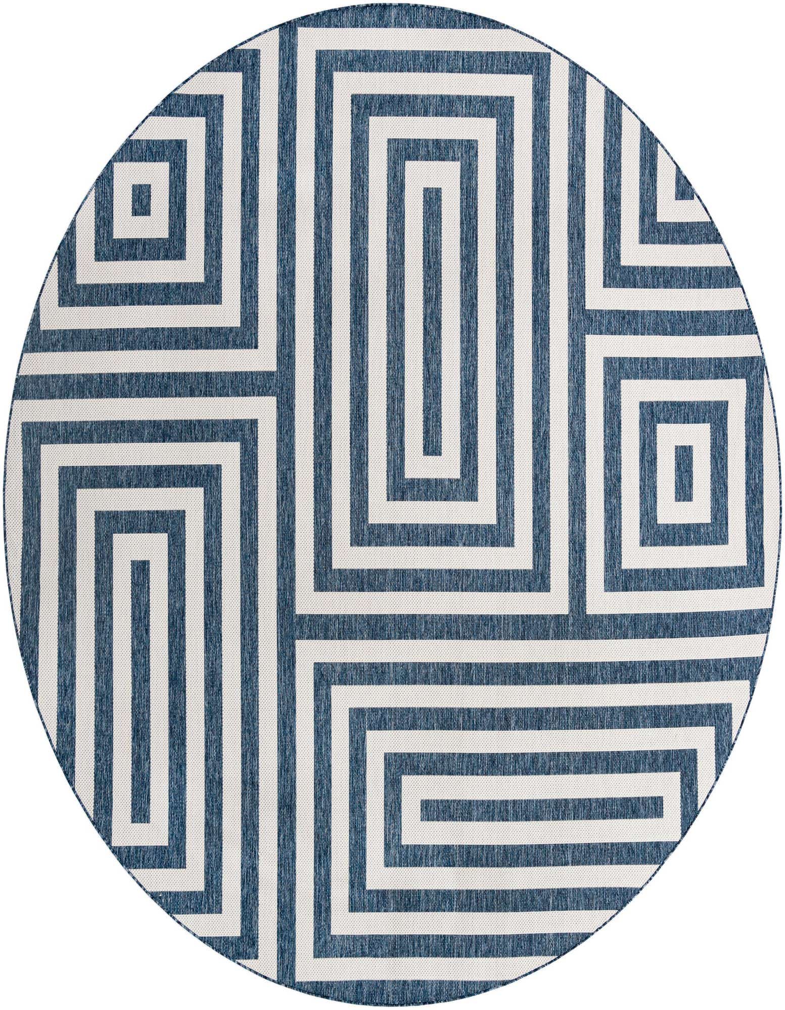 A 12' round blue and white modern abstract rug with a geometric maze pattern, suitable for indoor or outdoor use.