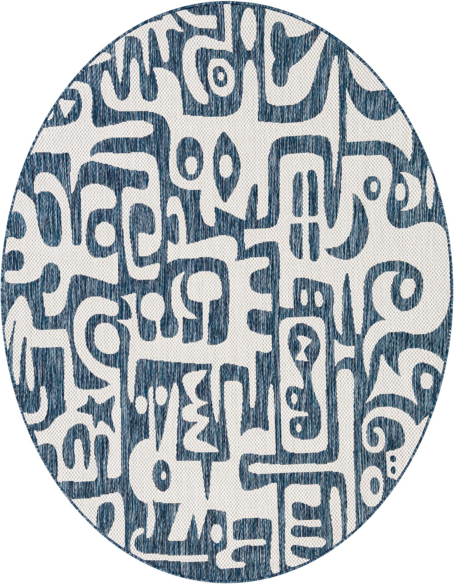 A 6' round blue and white abstract rug with a modern, maze-like pattern, suitable for indoor or outdoor use.