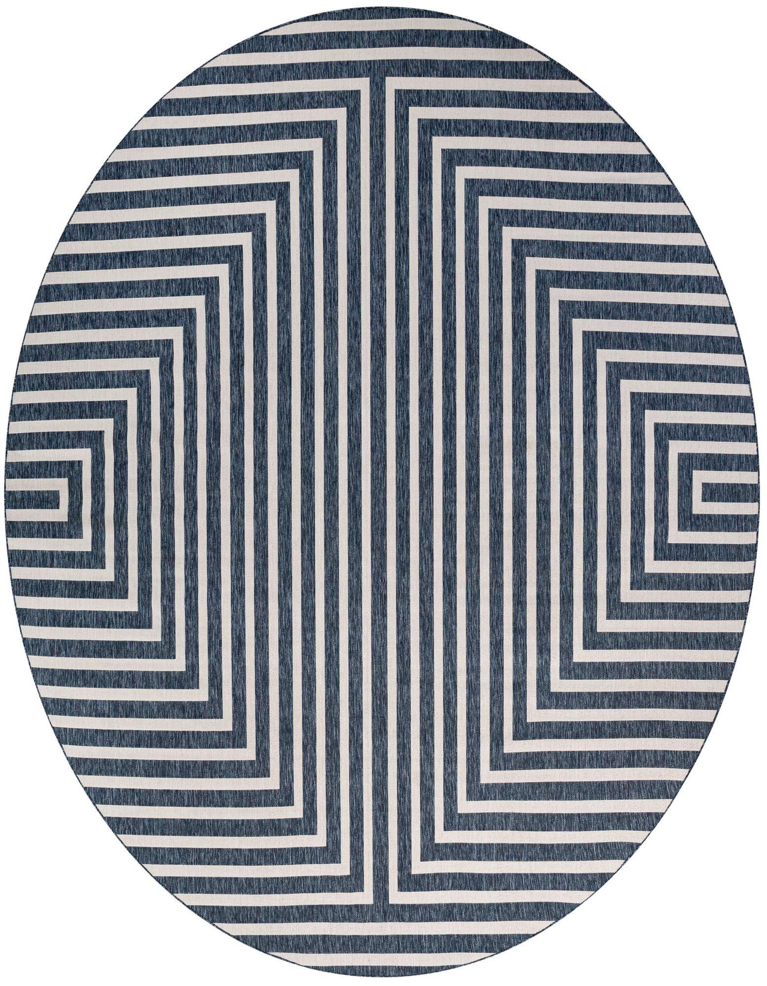 A 13' round blue and white modern outdoor rug with a geometric striped pattern, ideal for a patio.