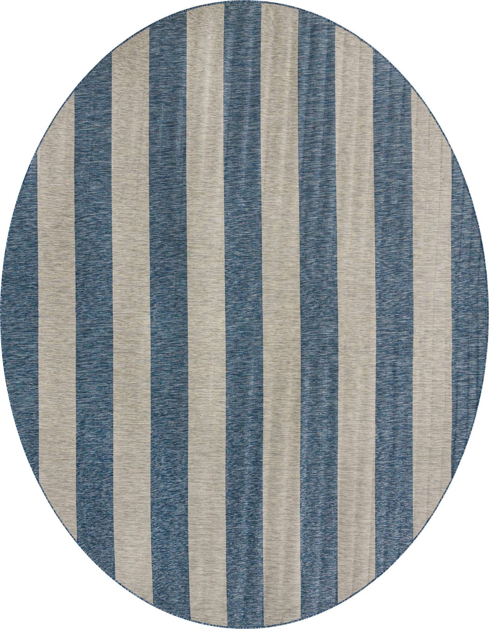 A large round indoor/outdoor rug featuring wide vertical stripes in varying shades of blue and light beige.