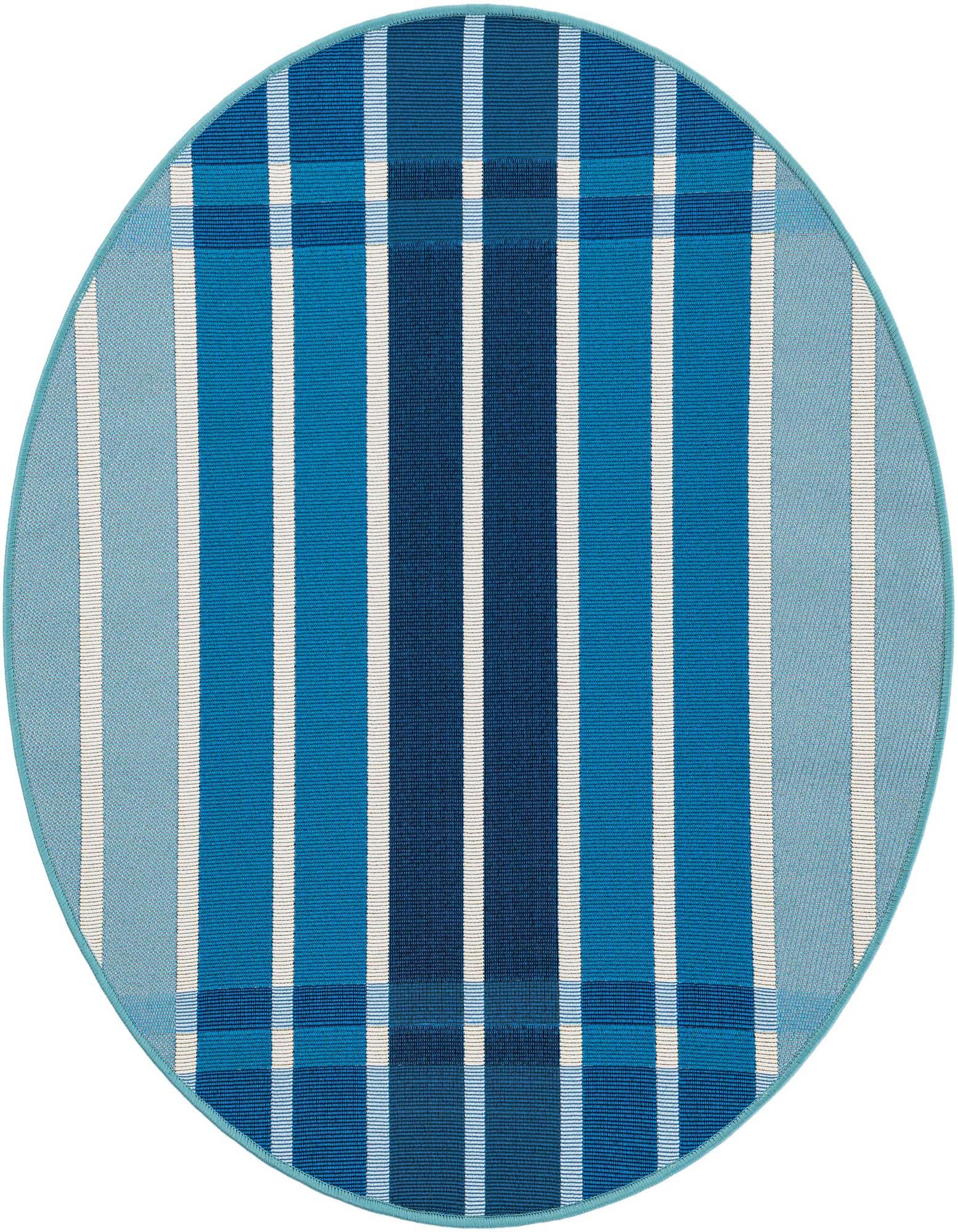 A round blue and white striped rug with varying shades of blue, suitable for indoor or outdoor use.