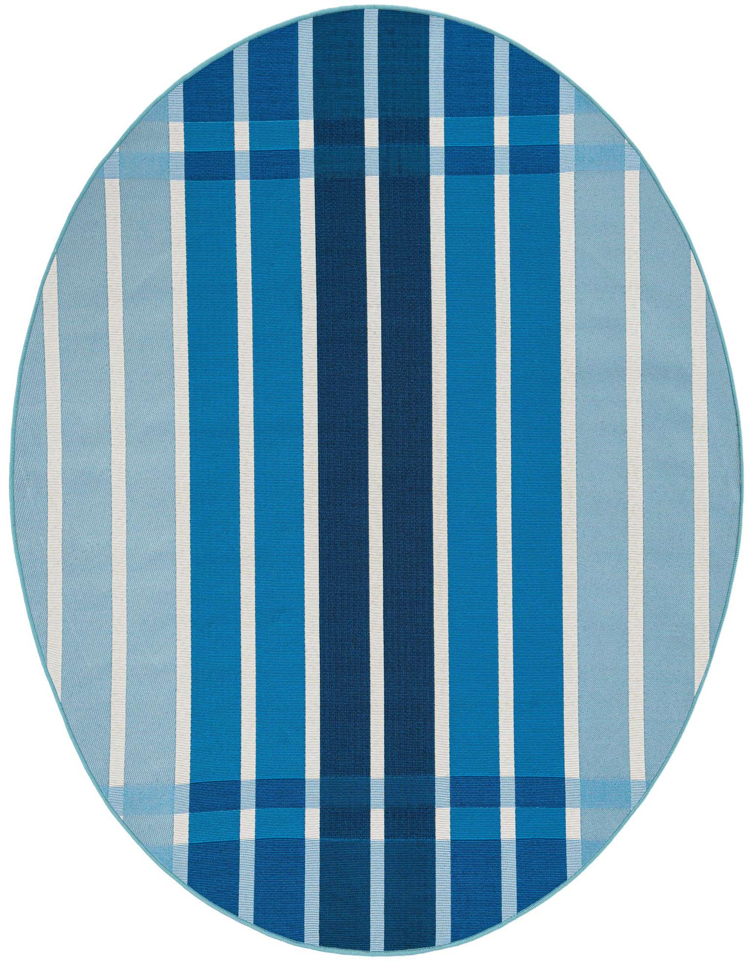 A 6' round blue and white striped rug with varying shades of blue, suitable for indoor or outdoor use.