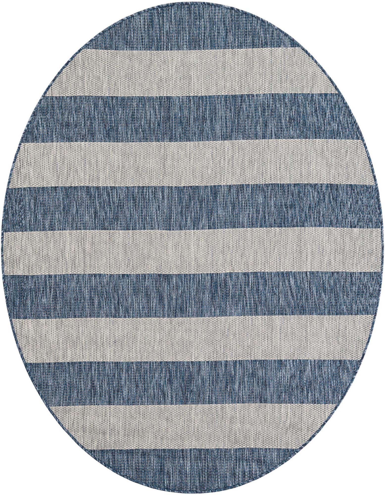 A 6' round blue and white striped flatweave rug, ideal for coastal or modern indoor/outdoor spaces.