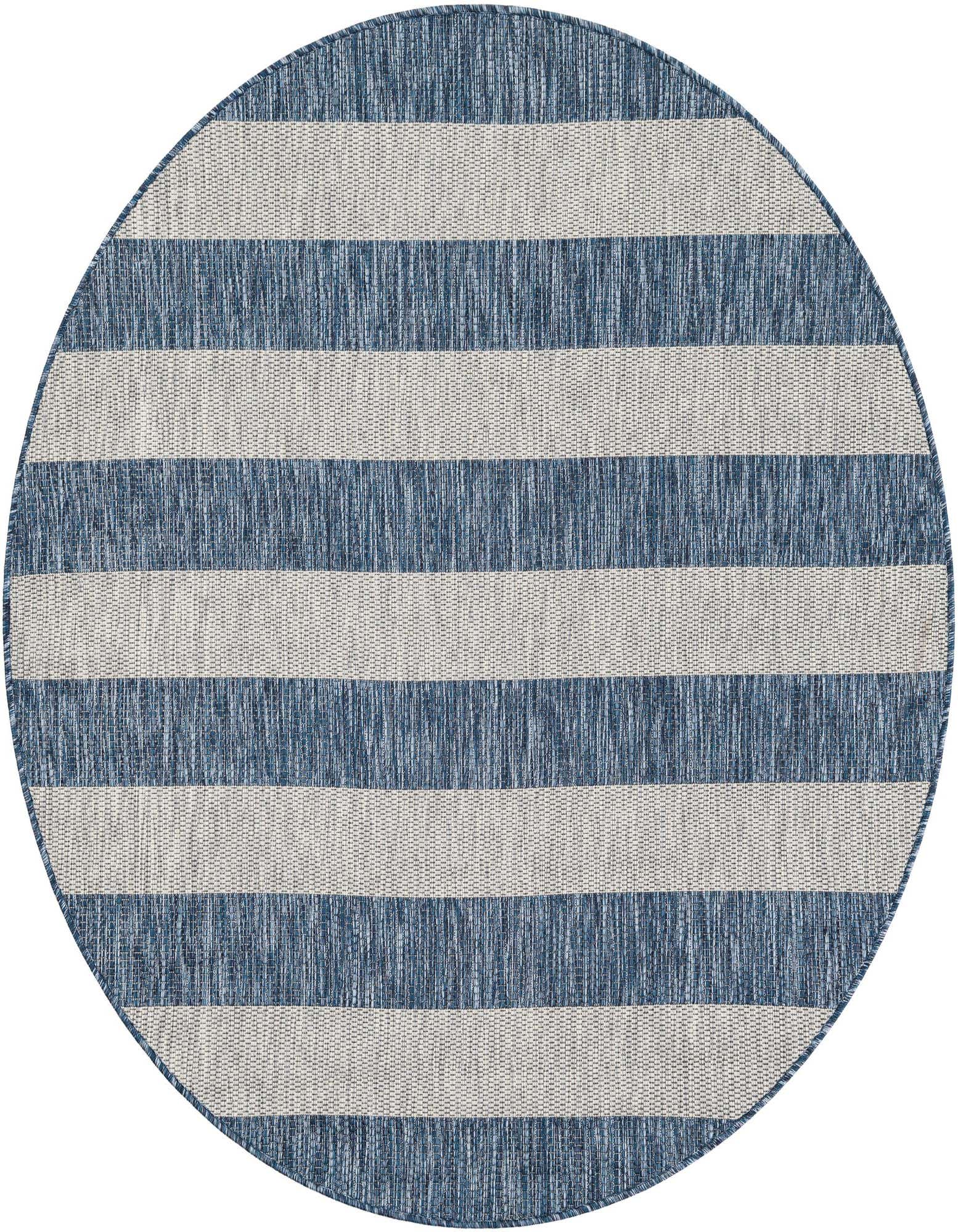 A 5' 3 round blue and white striped flatweave rug, ideal for coastal or modern outdoor patio decor.