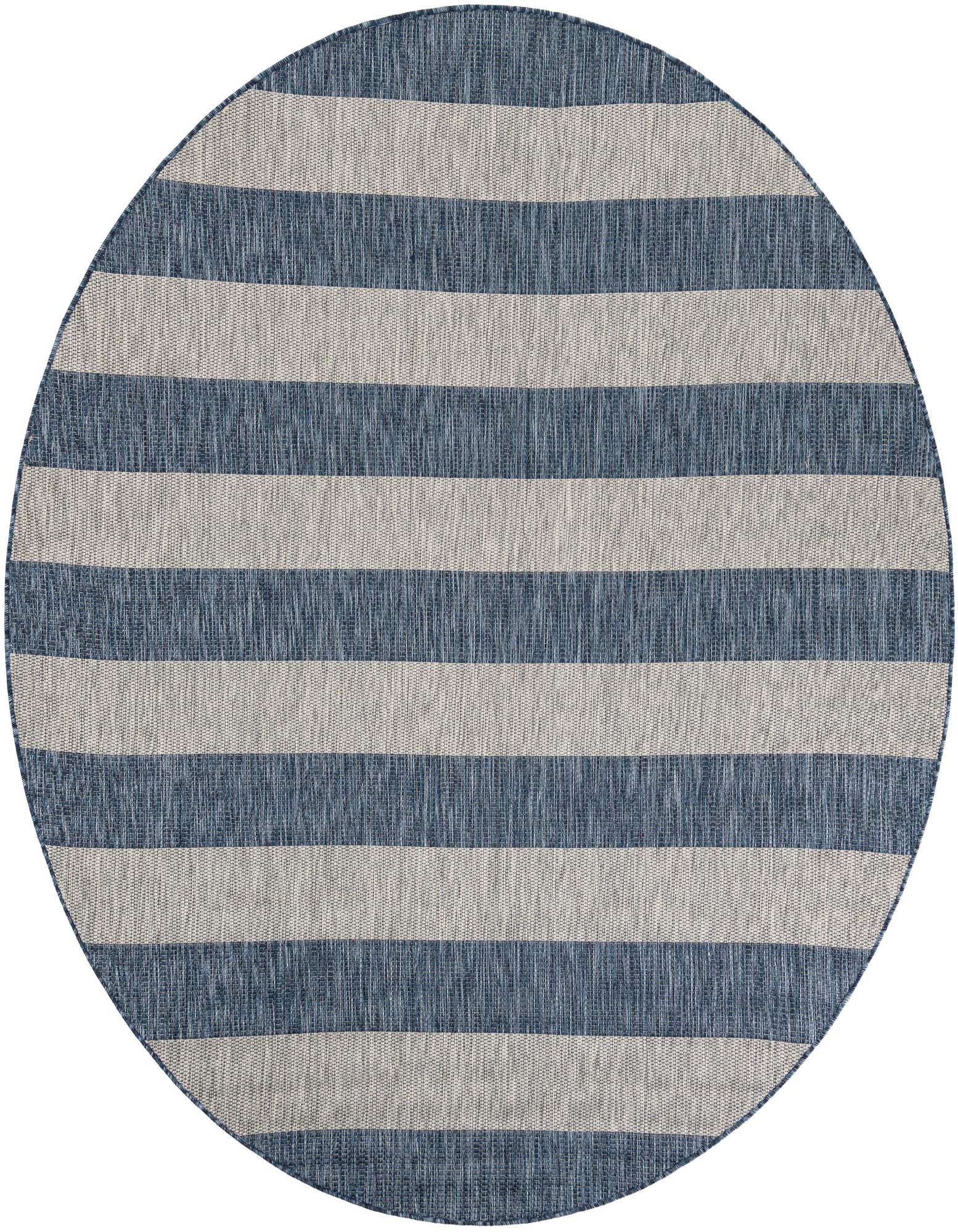 A round 7' 10" x 7' 10" indoor/outdoor rug with alternating wide stripes of blue and light gray.