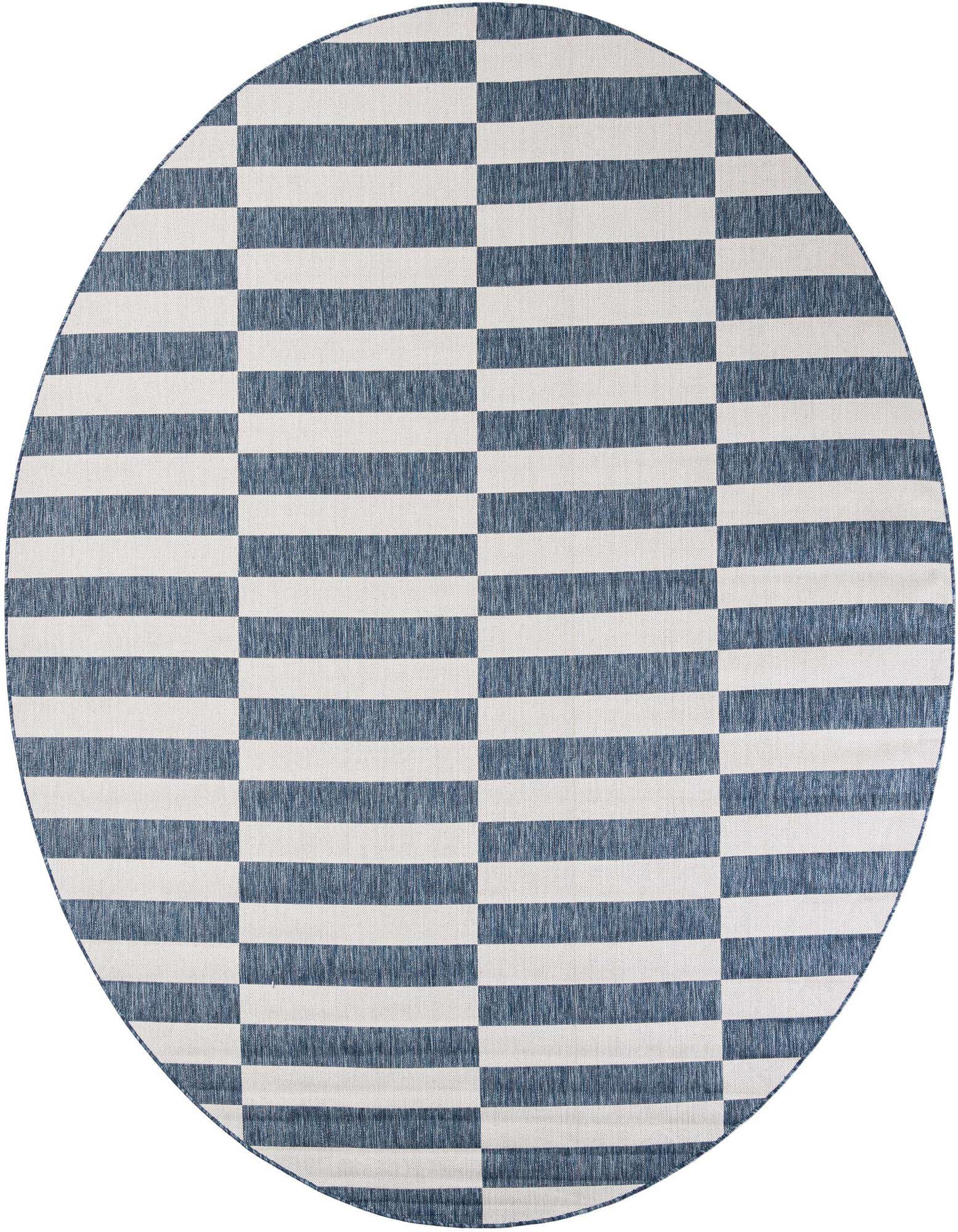 A 10-foot round blue and white striped outdoor rug with a modern geometric pattern, ideal for a patio.