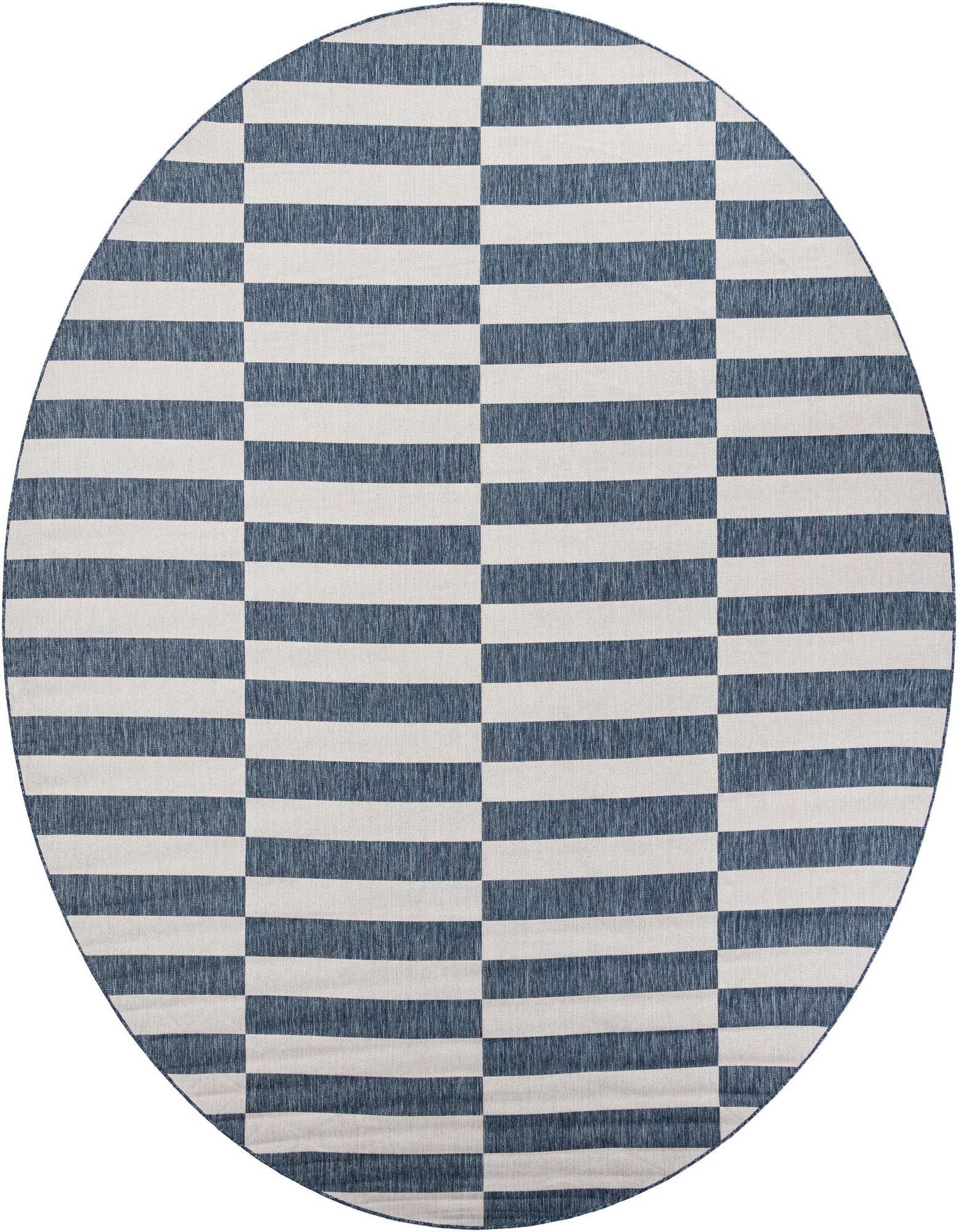 A 12' round Outdoor Ribbon rug from Rugs.com with a modern blue and white striped pattern, suitable for a patio.