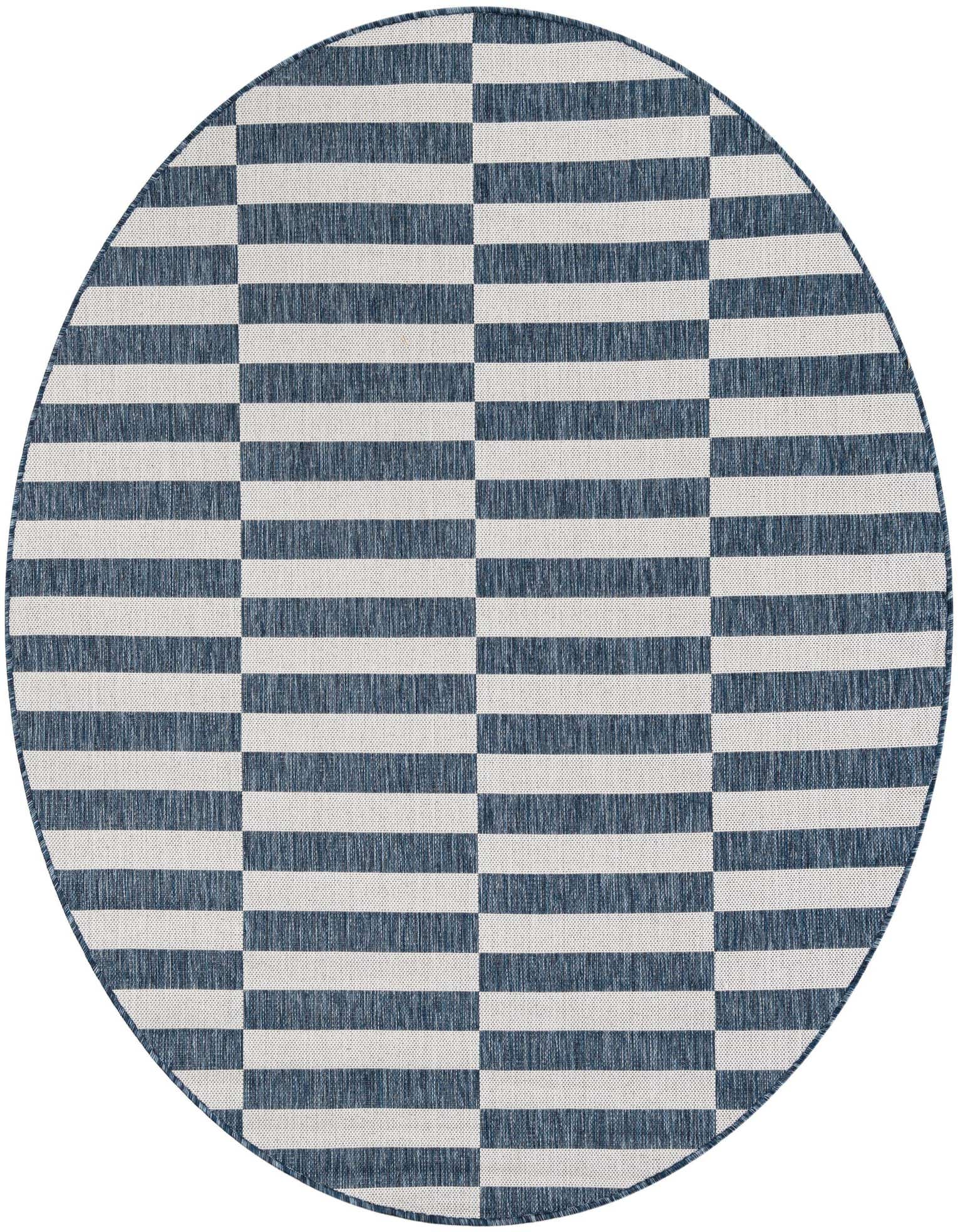 A 6' round indoor/outdoor rug with a modern blue and white horizontal stripe pattern, ideal for a patio.