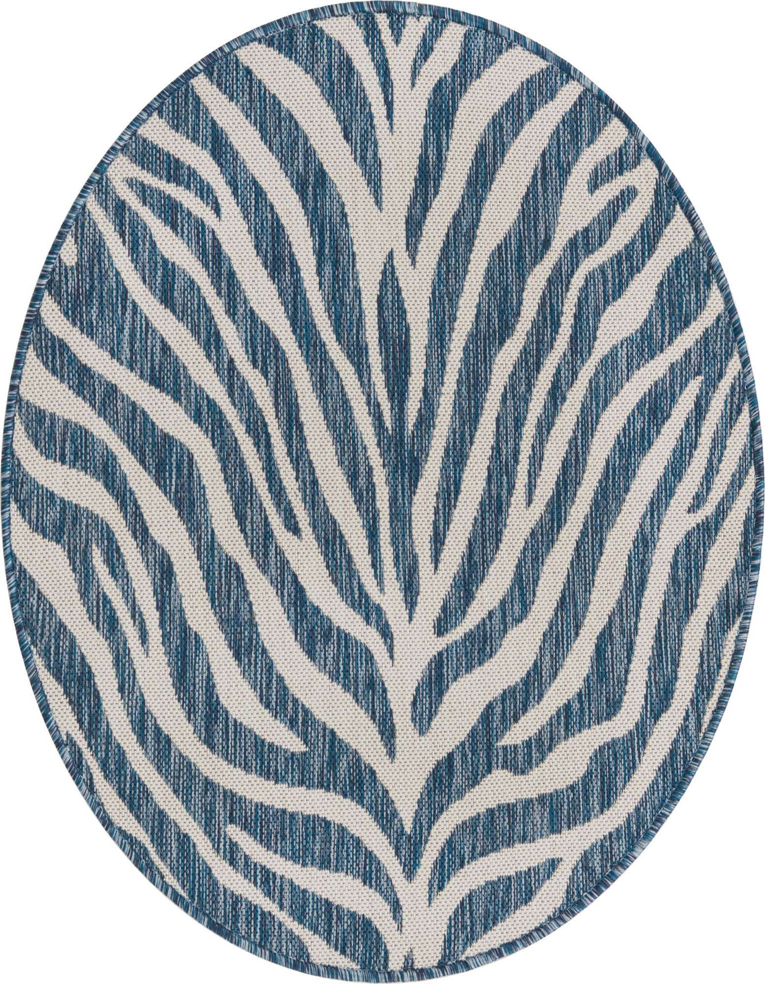 A 3' round blue and cream rug with a modern zebra stripe pattern, suitable for indoor or outdoor use.