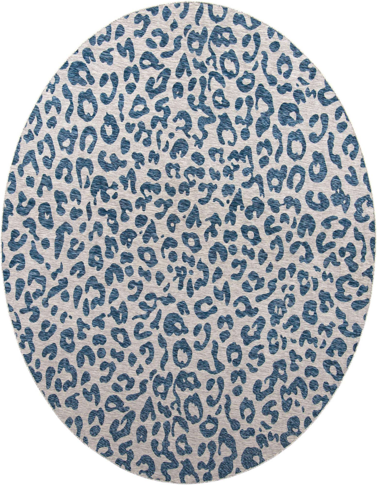 A 10' 8 x 10' 8 round blue and beige modern leopard print rug, suitable for indoor or outdoor use.