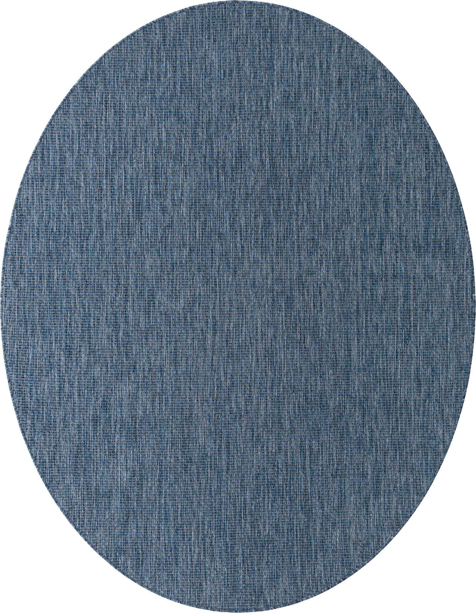 A 7' 10 round blue flatweave rug with a subtle textured pattern, suitable for indoor or outdoor use.