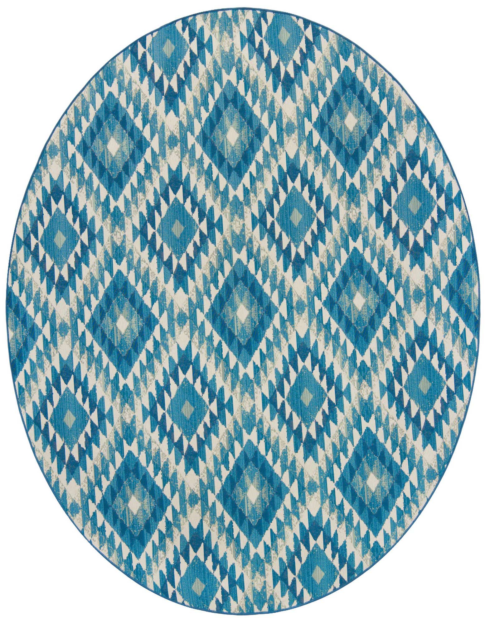 A round blue and white outdoor rug with a geometric Southwestern pattern, ideal for a patio or deck.