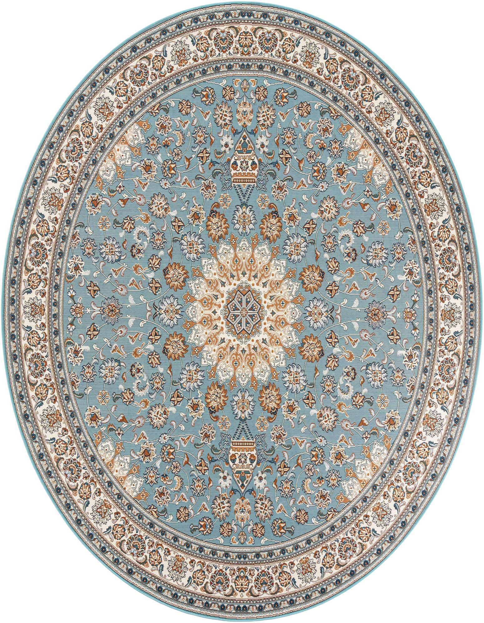A 10' round blue oriental rug with a central medallion and intricate floral patterns in cream and brown, suitable for indoor or outdoor use.