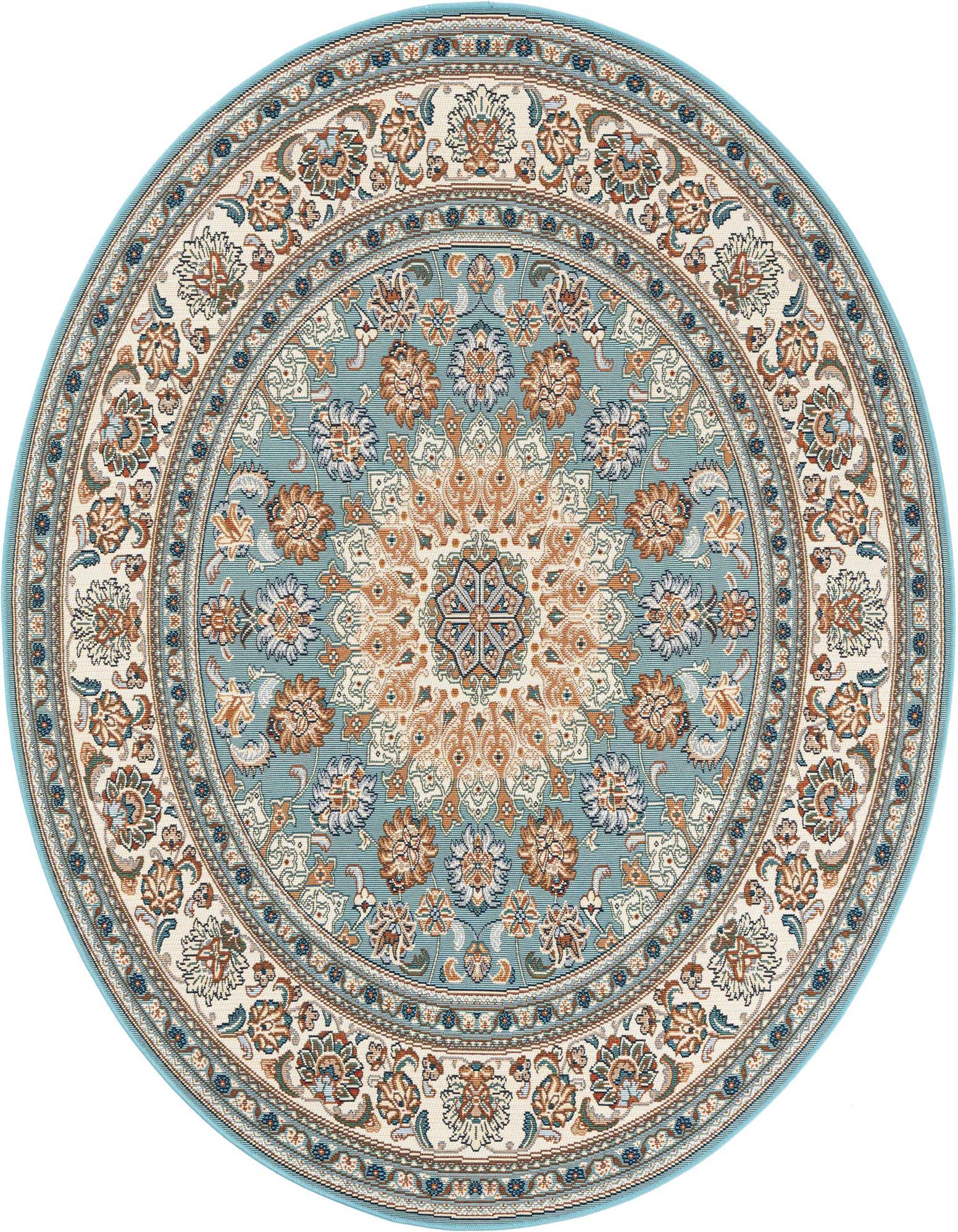 A 6' 1 x 6' 1 round blue indoor/outdoor rug with a traditional medallion and floral pattern.