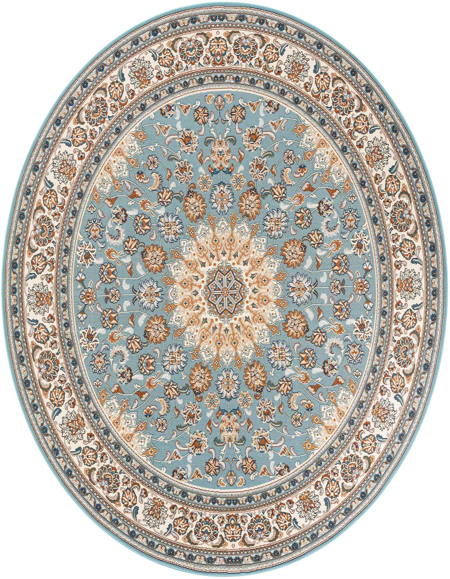 A round 7' 10 x 7' 10 blue Oriental rug with a detailed medallion and floral pattern in cream, brown, and gold.