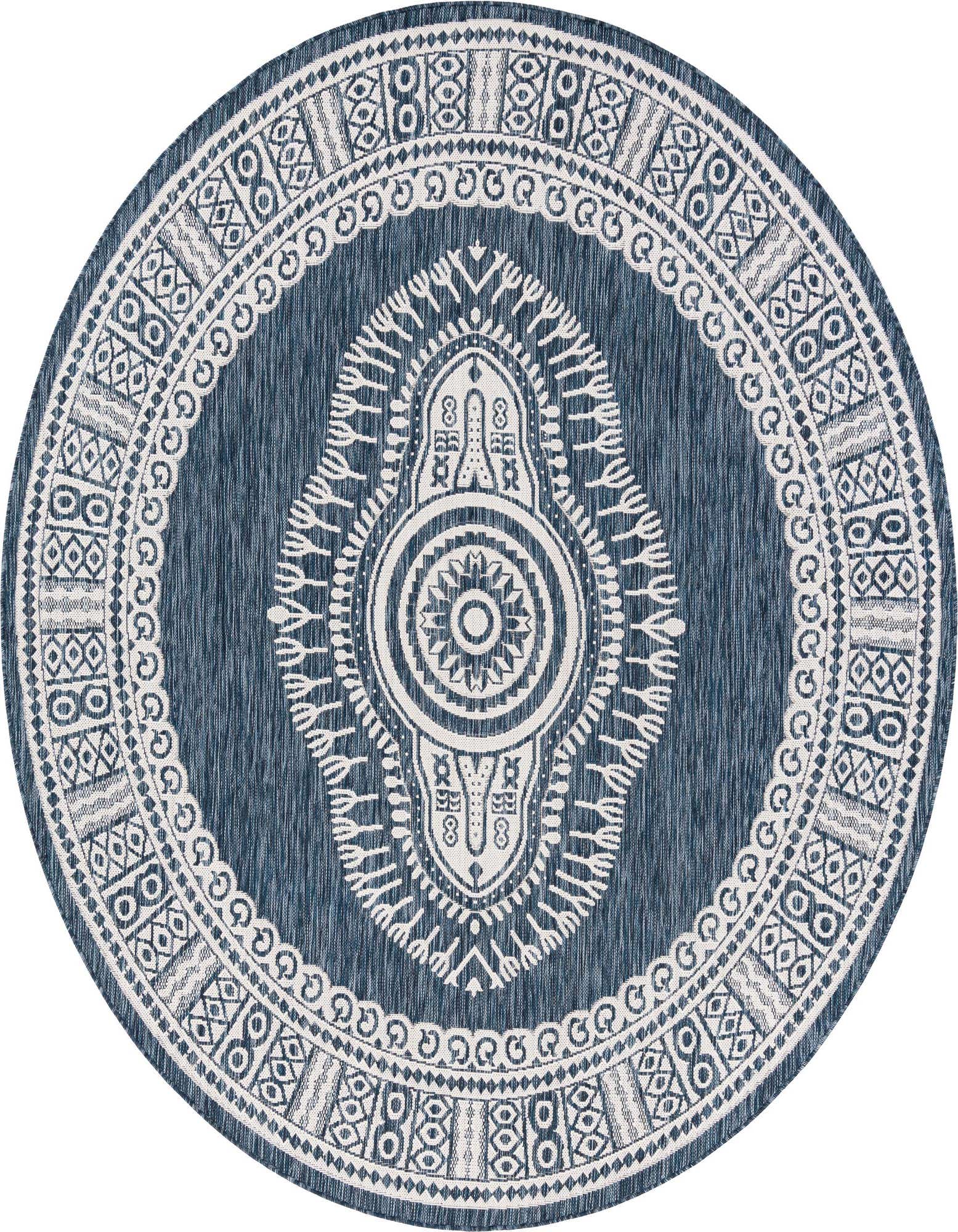 A round 7' 10 x 7' 10 blue and white outdoor rug with a central medallion and traditional patterns.