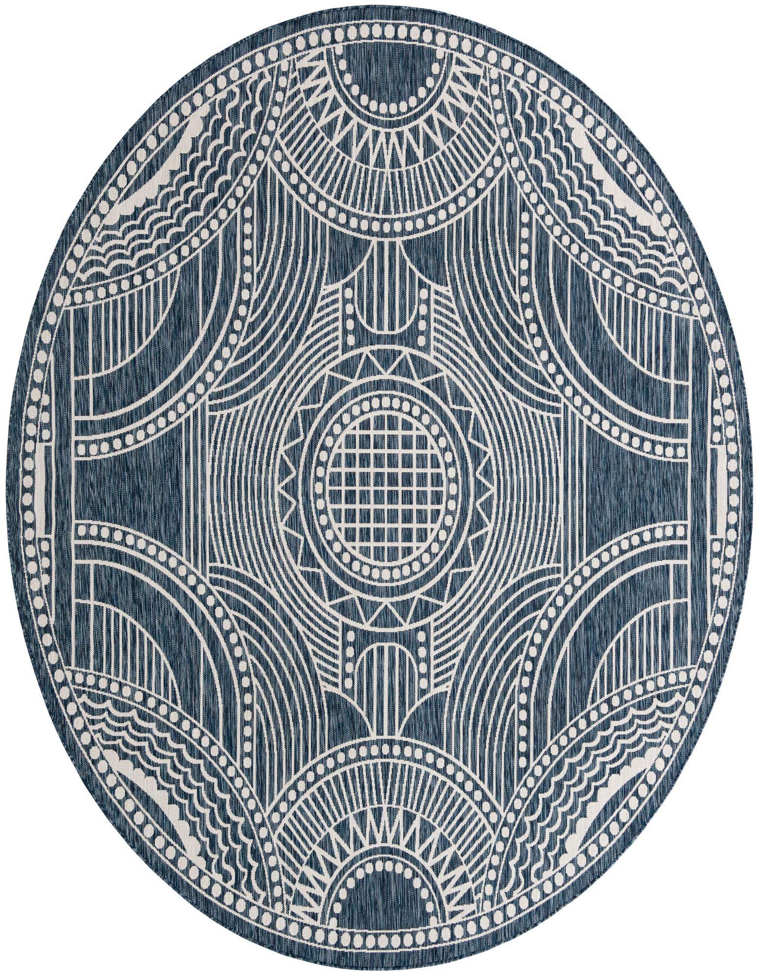 A 10' round blue and white outdoor rug featuring a detailed medallion and geometric pattern, ideal for a patio.