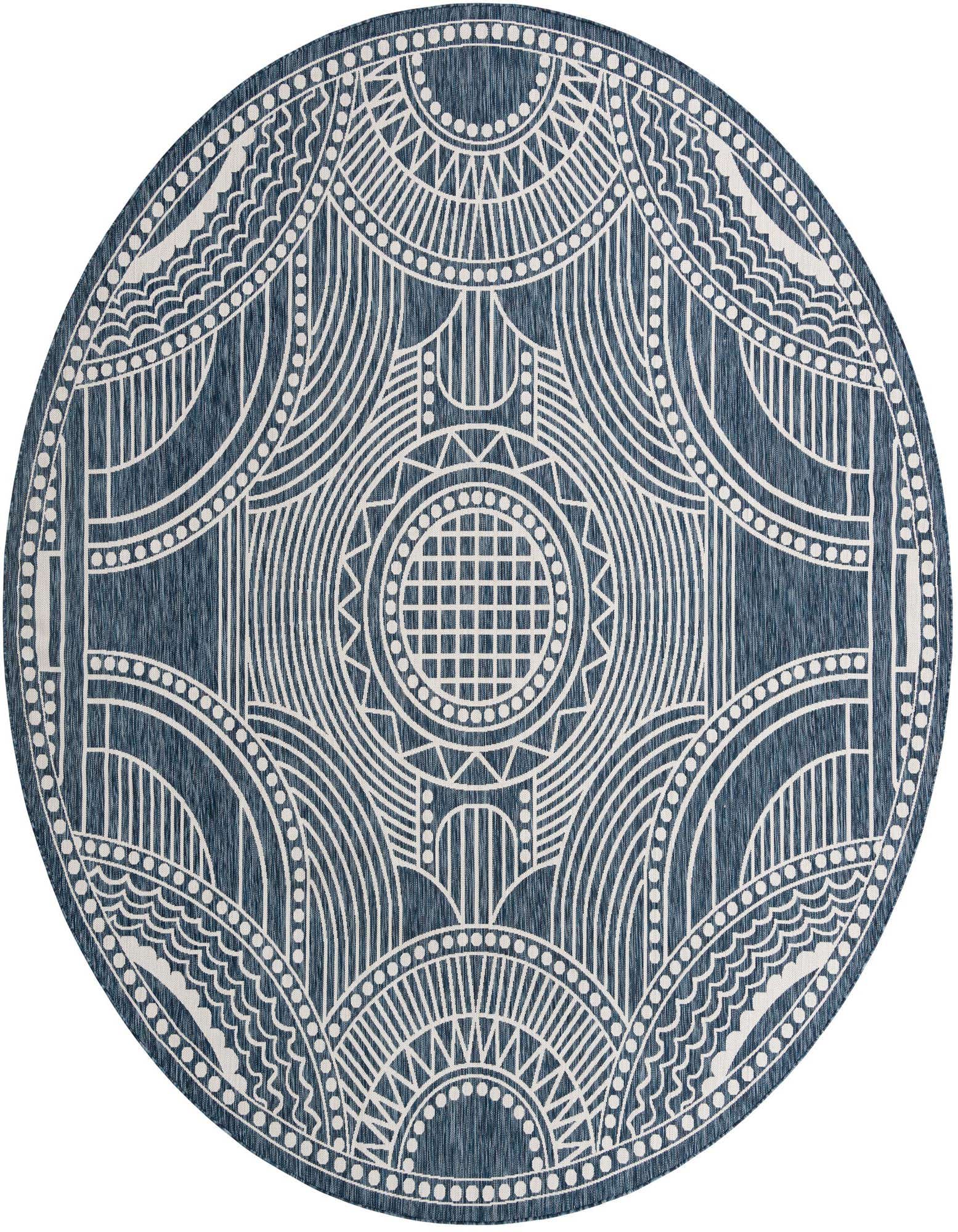 A 12' round blue and white indoor/outdoor rug with a modern medallion and geometric pattern, ideal for a patio.