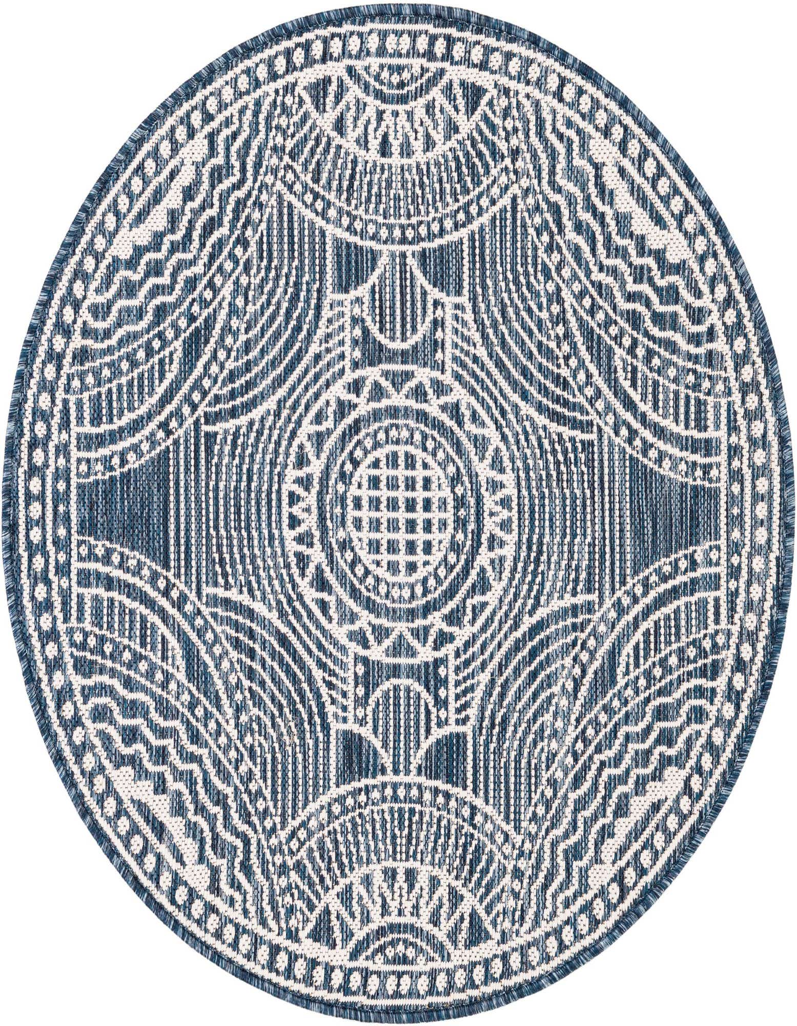 A round 3' blue and white indoor/outdoor rug with a detailed medallion and geometric pattern, ideal for a patio.