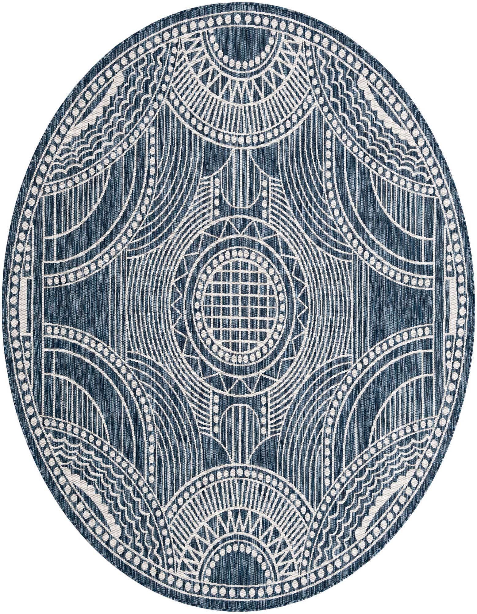 A 7' 10 round blue indoor/outdoor rug with a white traditional medallion and geometric pattern, ideal for a patio.