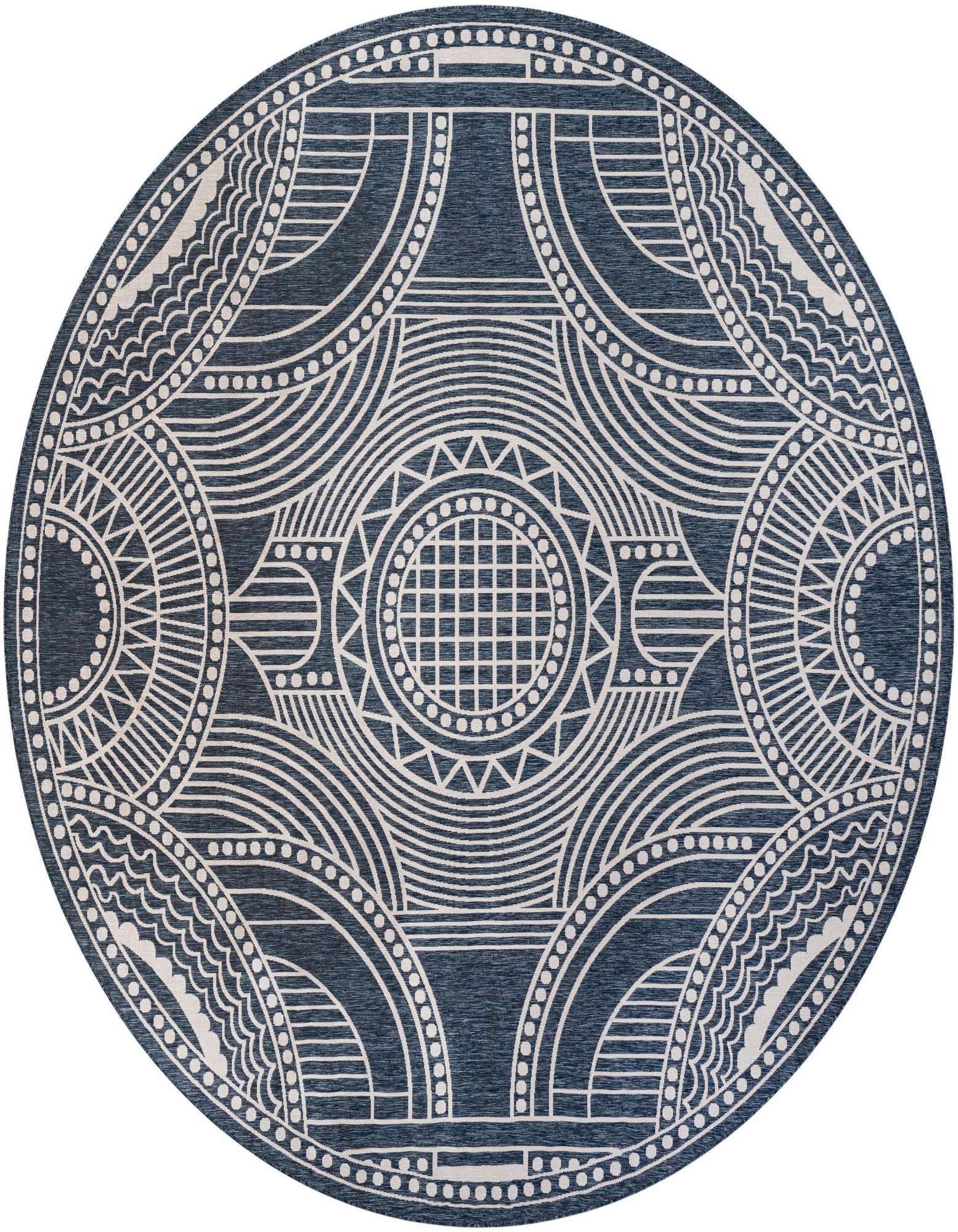 A large round blue and white rug with a geometric medallion pattern, suitable for indoor or outdoor use.