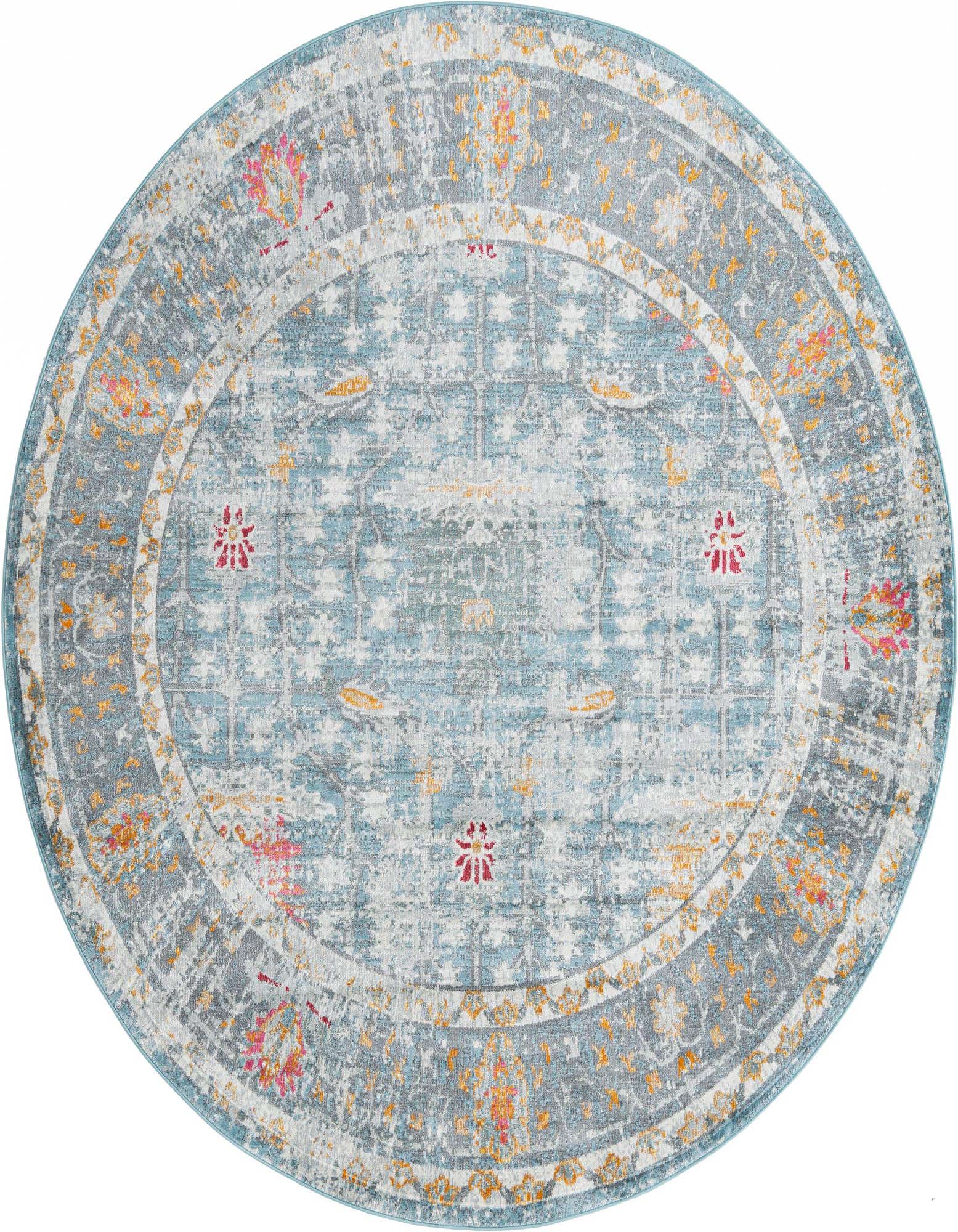 A round blue and gray traditional rug with distressed floral and medallion patterns, featuring accents of orange and pink.