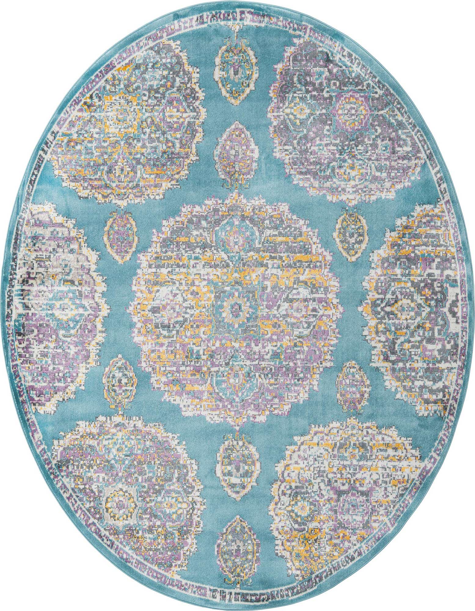 A 5' 5 round blue bohemian rug with a distressed floral pattern in purple, yellow, and grey.