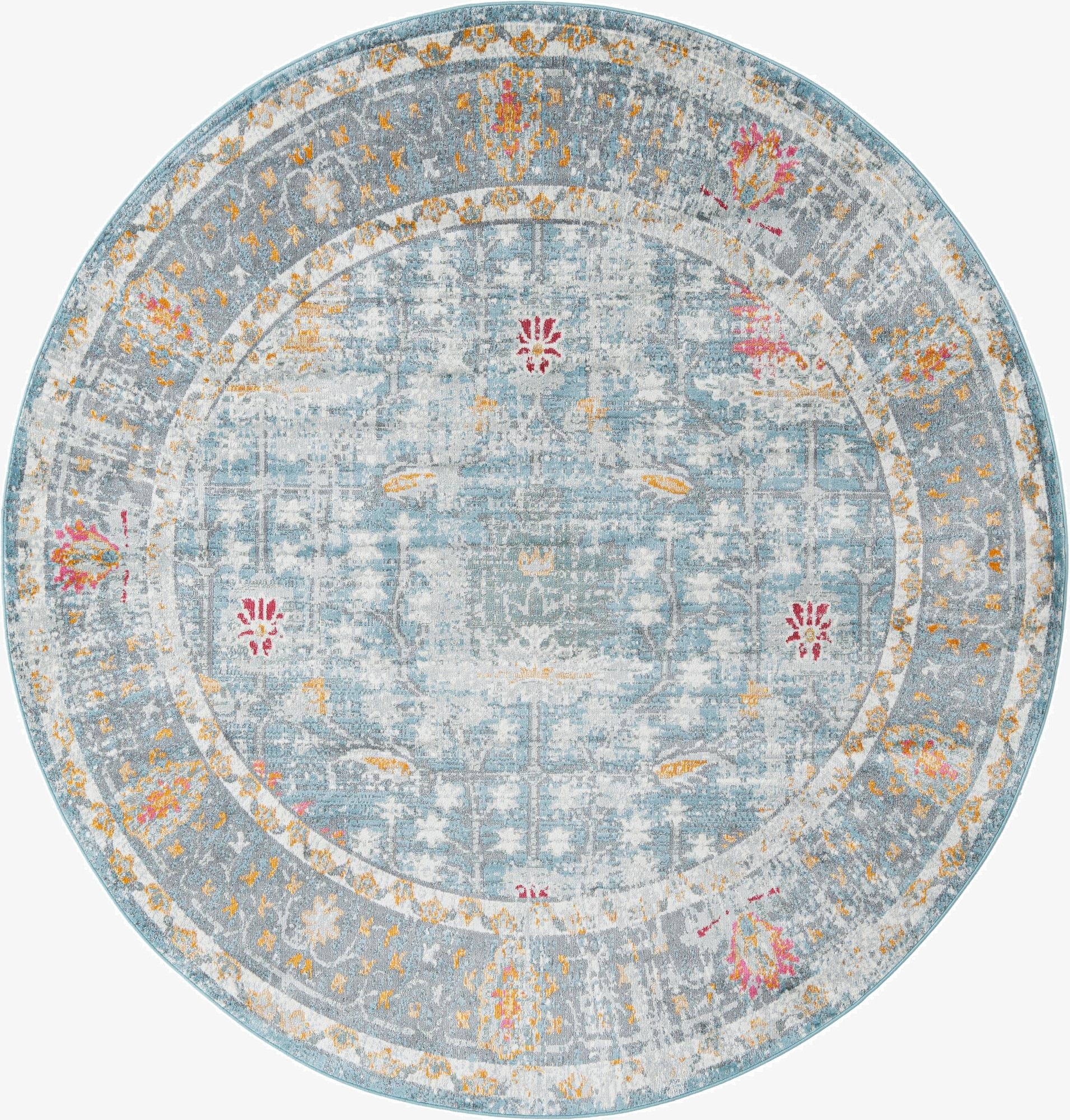 A 5' 5 x 5' 5 round blue and gray traditional rug with vintage floral and oriental patterns, featuring accents of orange and pink.