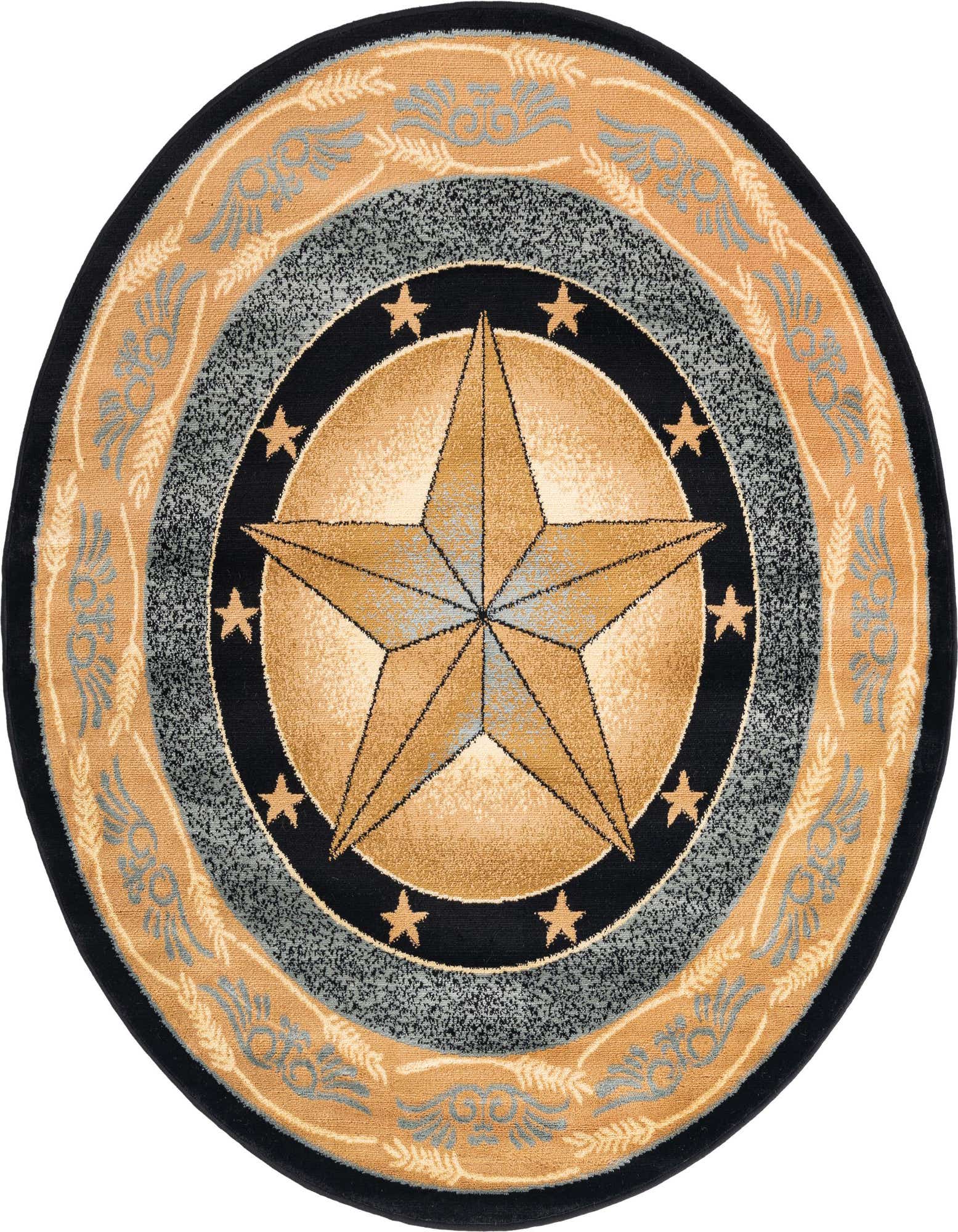 A 5' 3 round Pioneer collection rug with a large central gold and blue star, surrounded by smaller stars and a rustic border pattern.