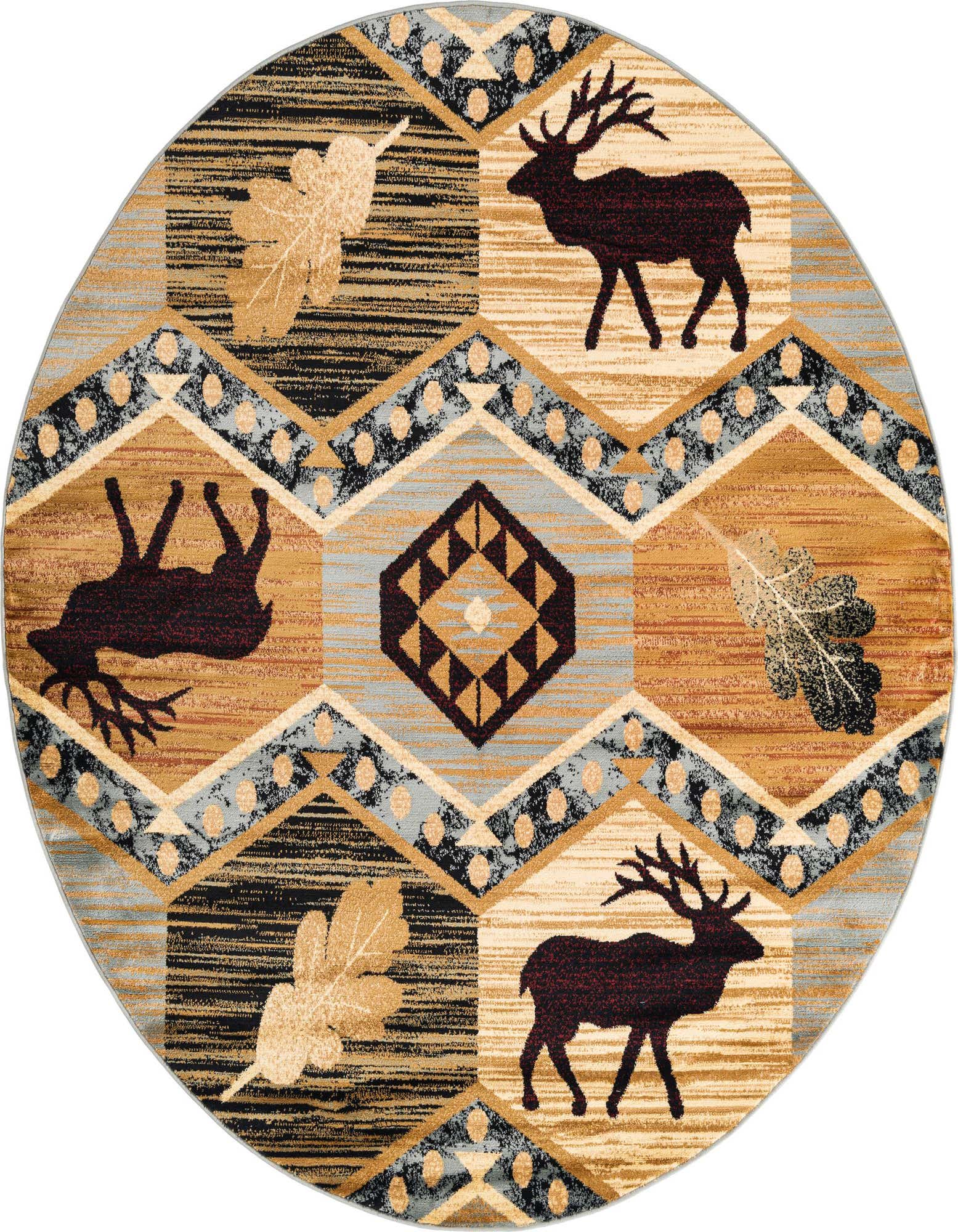 A round blue, brown, and black tribal rug featuring deer silhouettes and oak leaves, perfect for a rustic indoor setting.