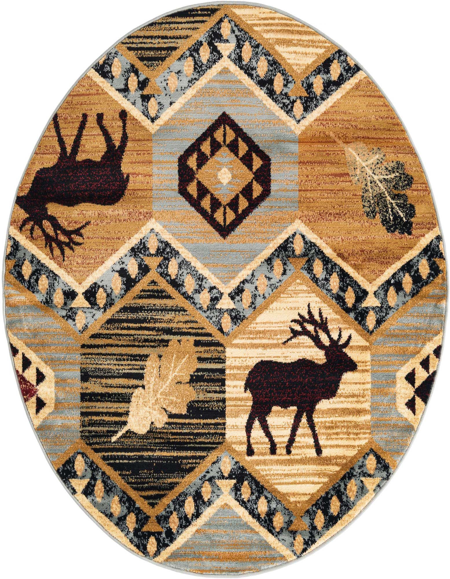 A round 5' 3 x 5' 3 Pioneer rug featuring a rustic tribal pattern with deer and leaves in blues, browns, and black.