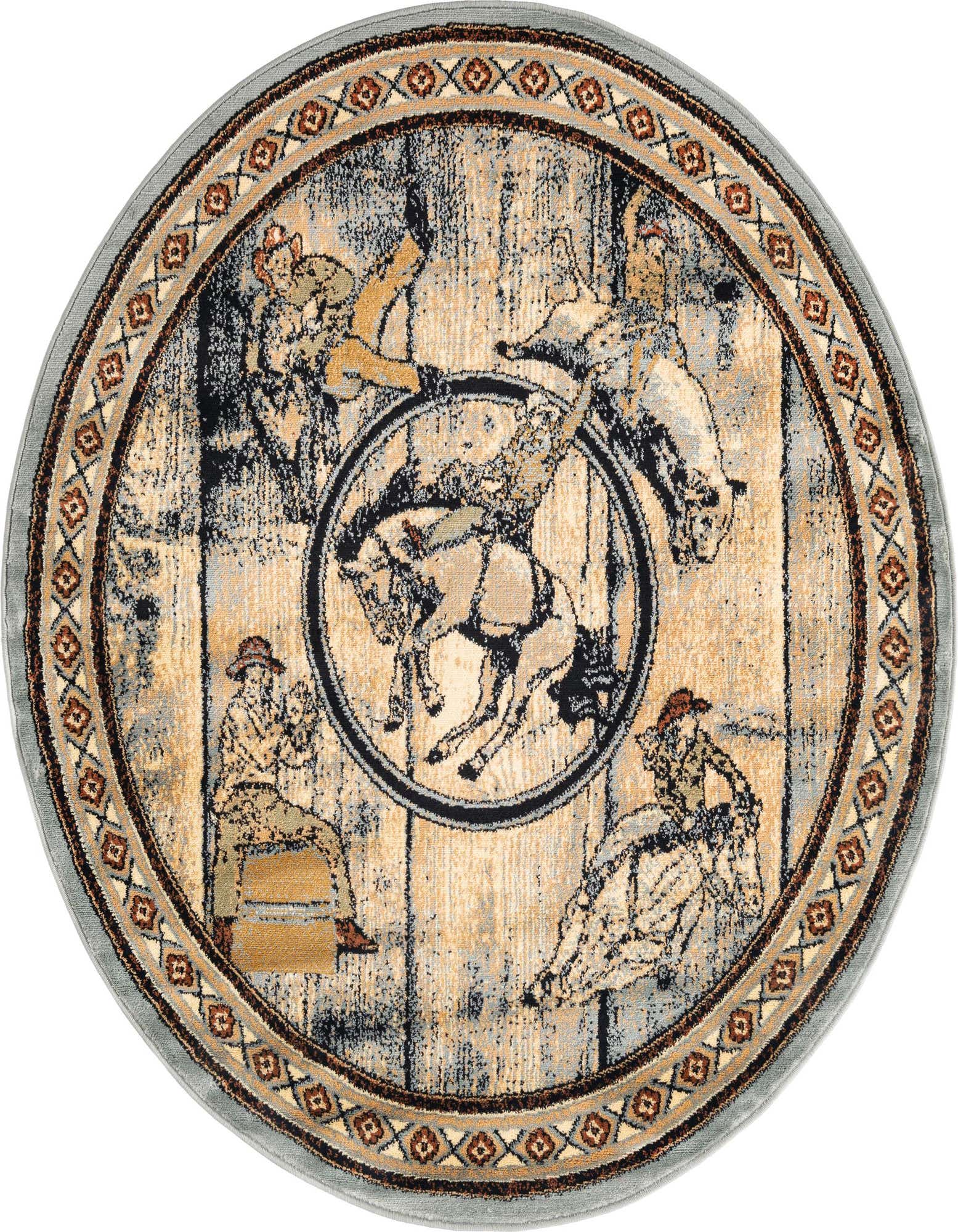 A round blue and beige rug with a Western rodeo theme, featuring cowboys riding bucking broncos and a border pattern.