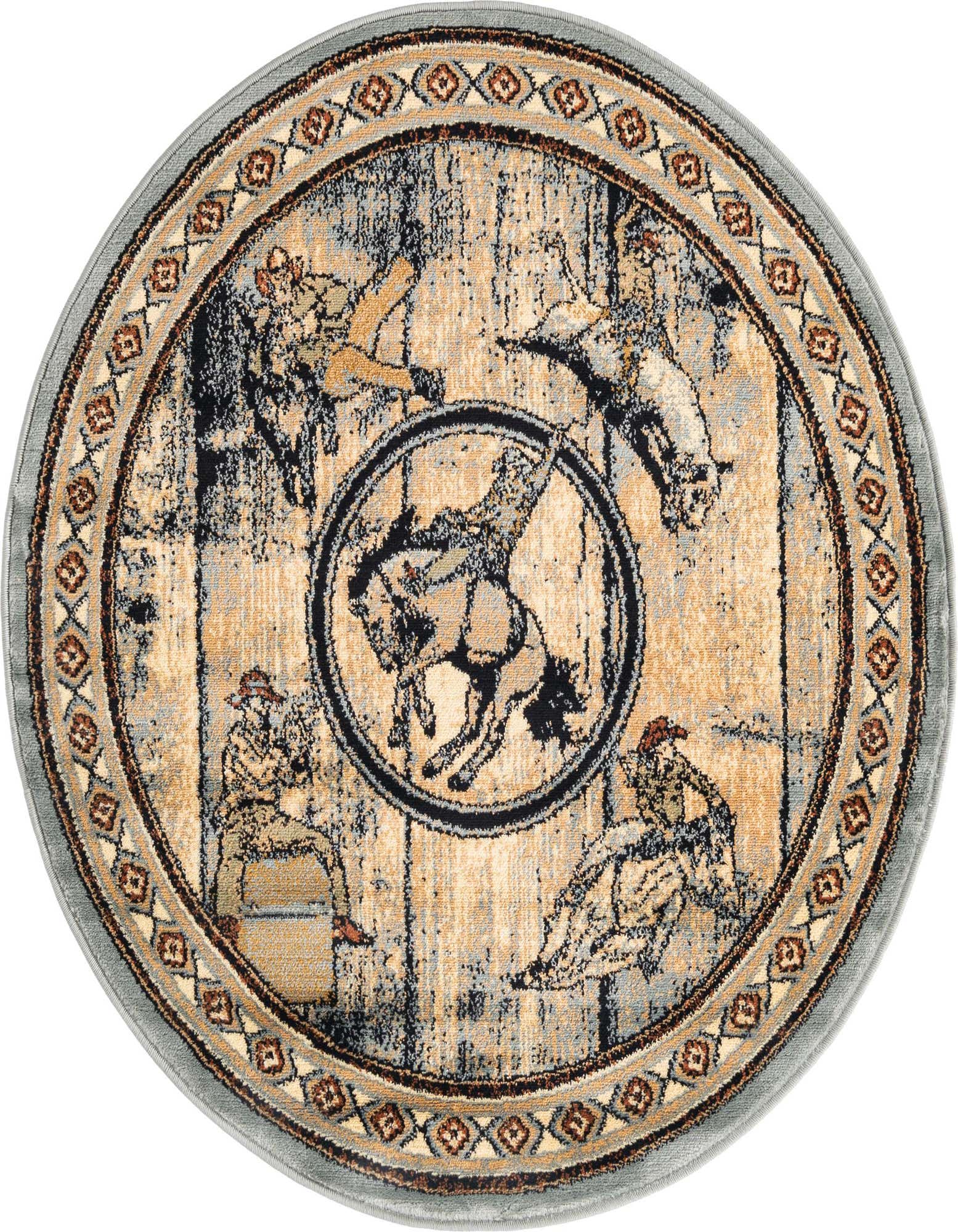 A round blue rug with a distressed wood-like background, featuring rodeo cowboys on bucking horses and a patterned border.