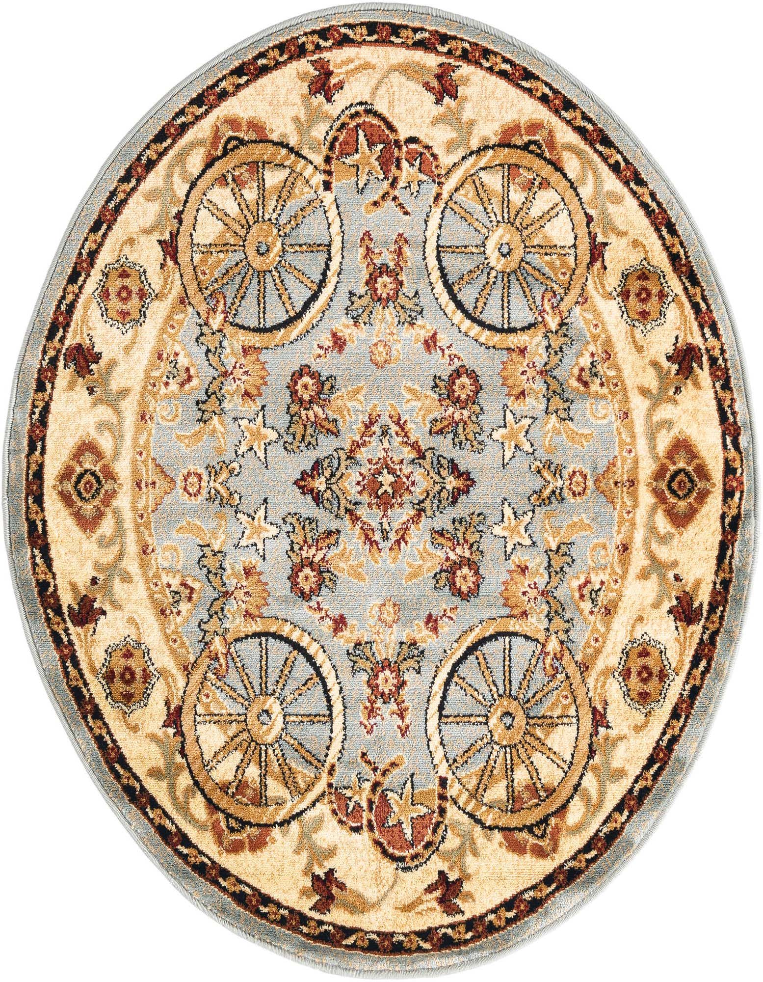 A 4' round blue rustic rug with a central medallion, featuring wagon wheels and floral motifs in cream, gold, and red.