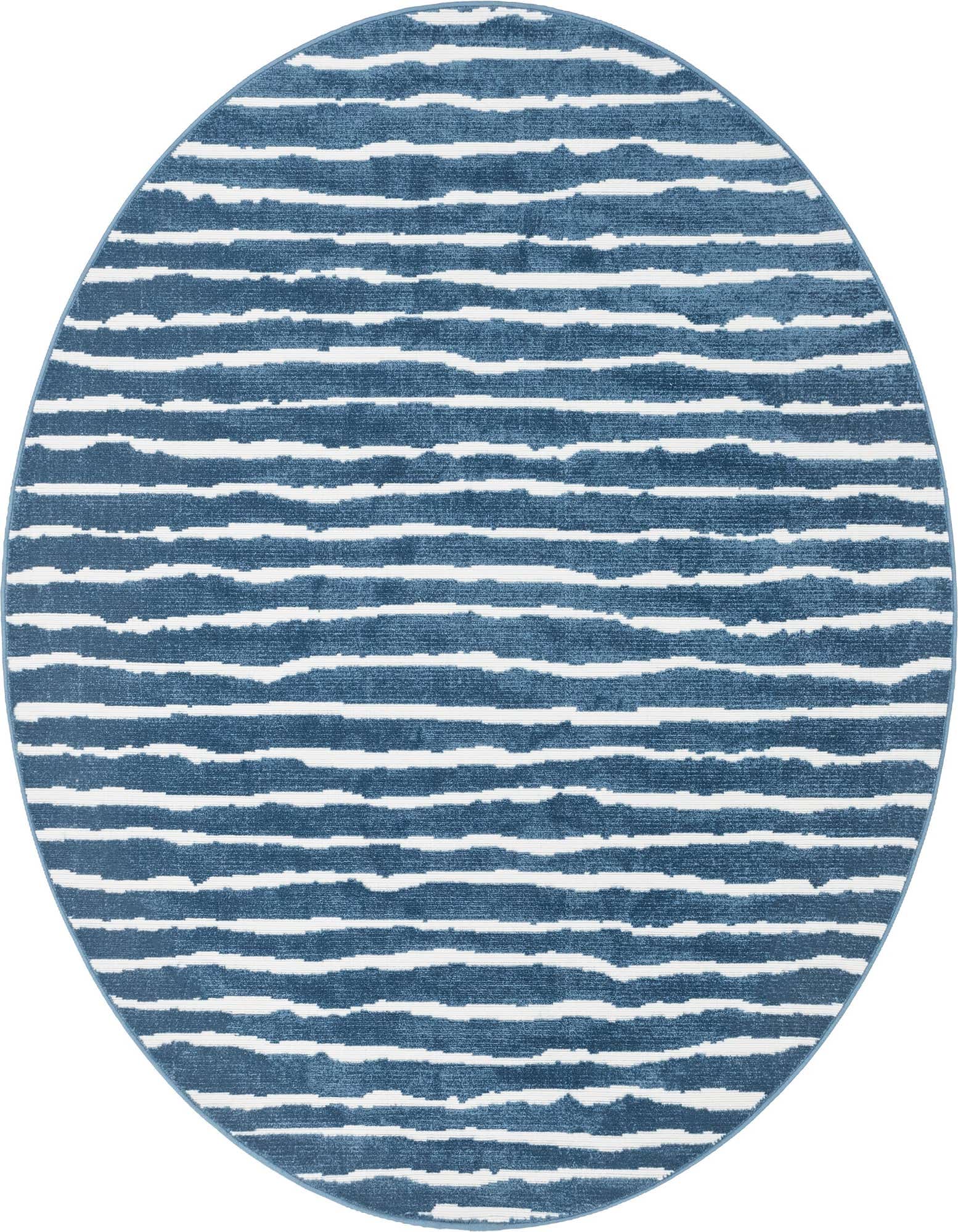 A round 8' blue and white modern striped indoor/outdoor rug with a textured high-low pile.