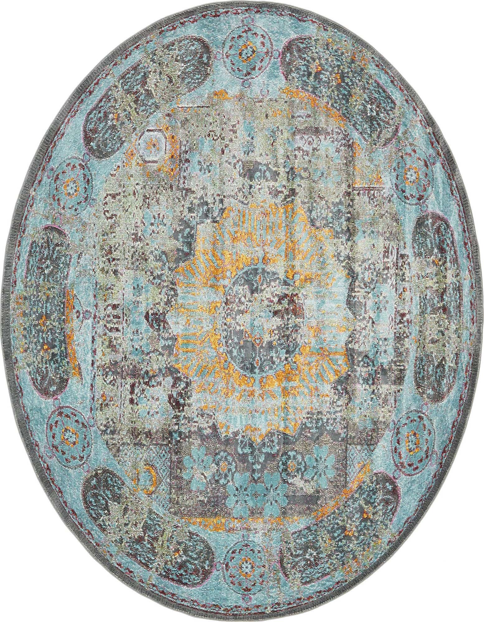 A round 8' blue and grey polypropylene rug with a distressed traditional medallion pattern and subtle orange accents.