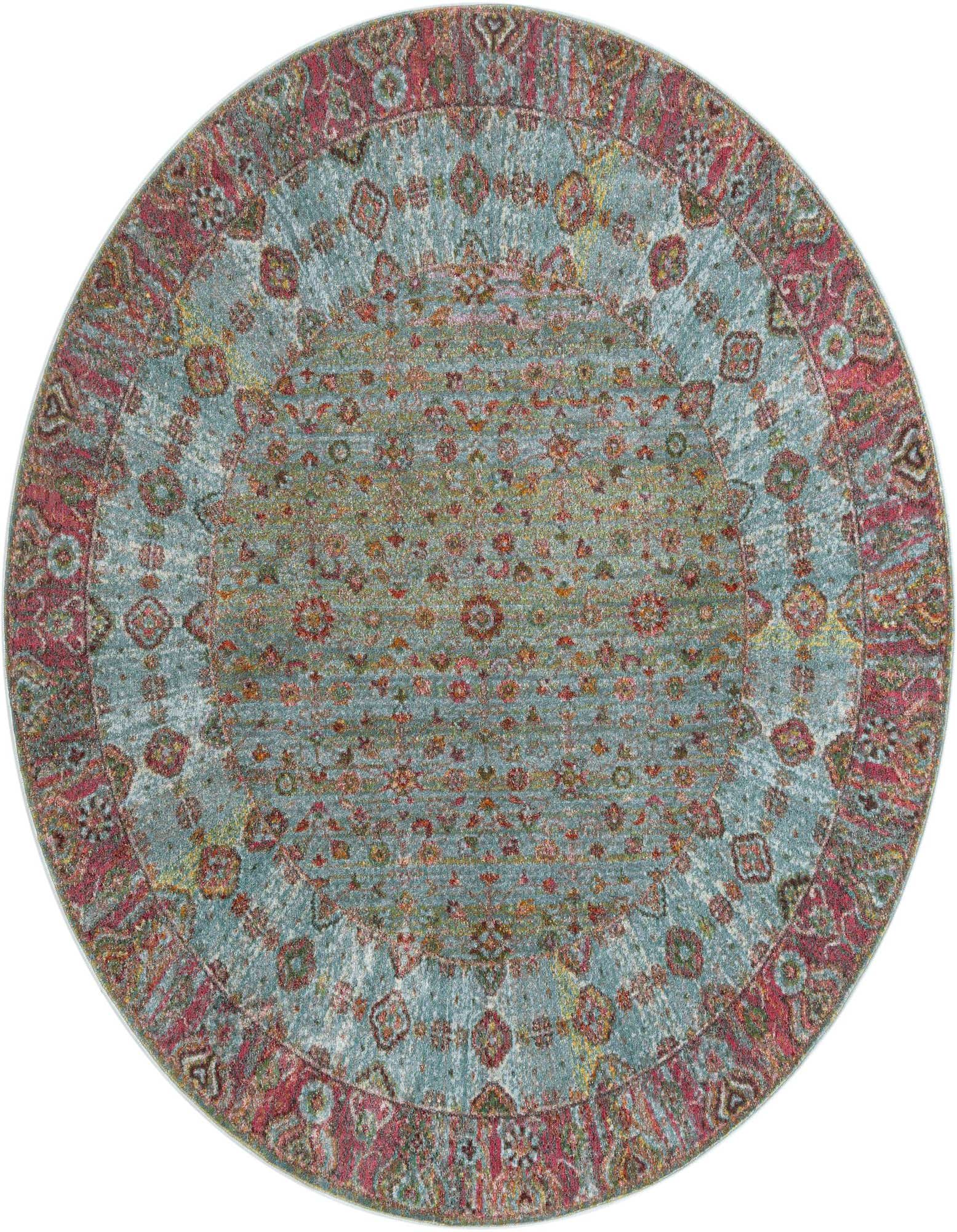 A round 8' blue Bohemian rug with a distressed floral and medallion pattern, featuring red and pink accents.