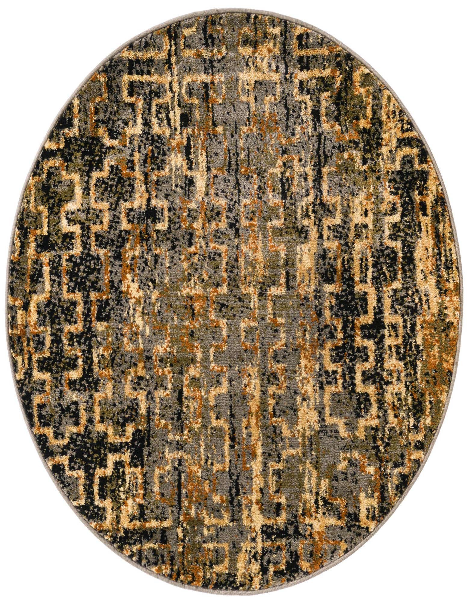 A 3' 3 x 3' 3 round Rugs.com Saturn rug featuring an abstract modern pattern in shades of blue, gold, and black.