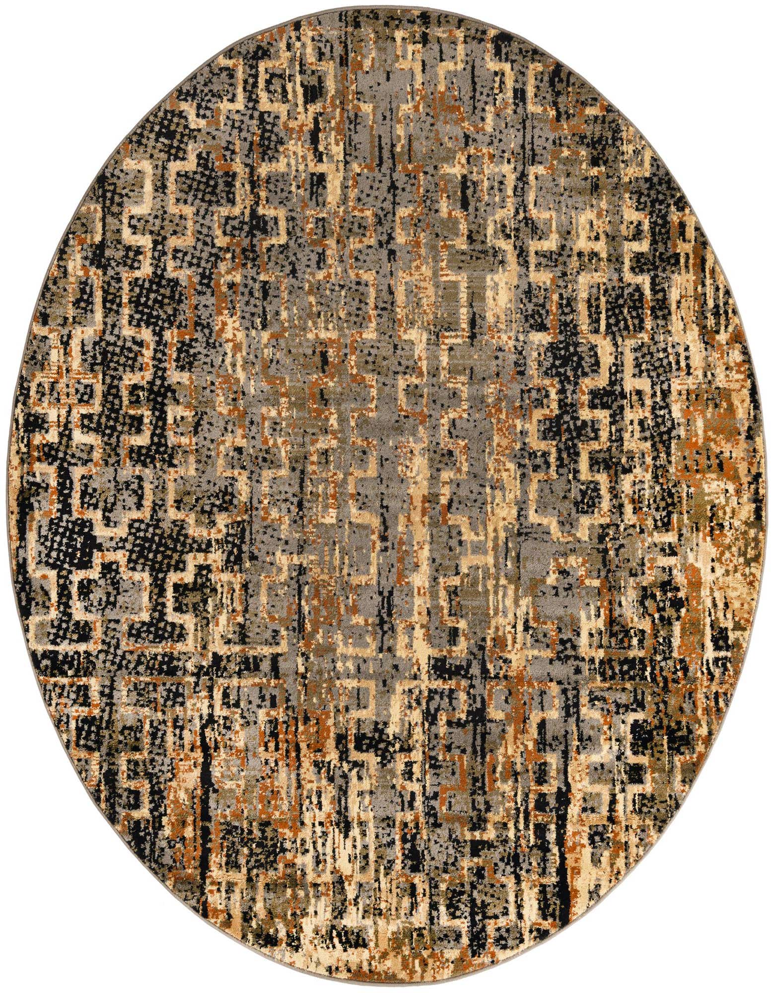 A 7' round Rugs.com Saturn rug featuring an abstract, distressed pattern in shades of blue, black, and gold.