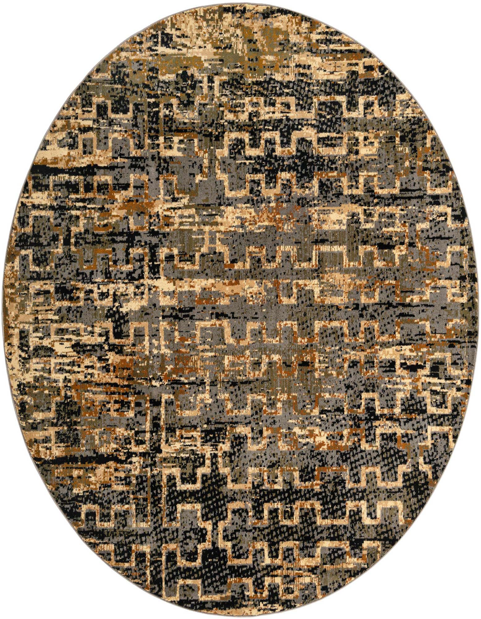A 7' 10 round Rugs.com Saturn rug featuring an abstract modern pattern in shades of blue, black, and gold.